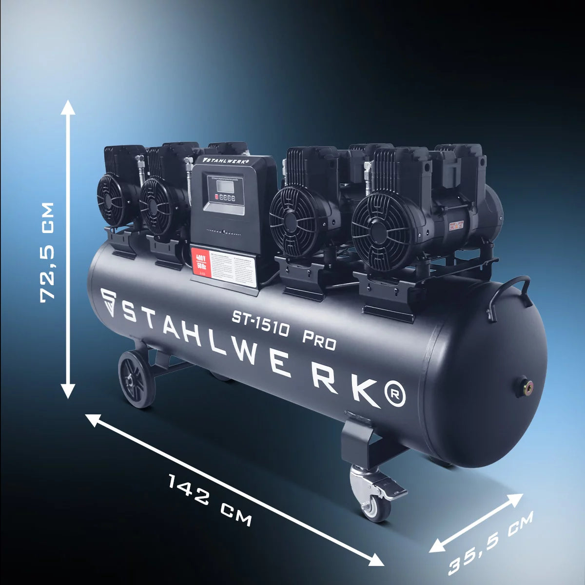 STAHLWERK compressor ST-1510 Pro with 10 bar | 7.89 hp | 5.80 kW | 1000 l/min | 150 L tank oil-free compressed air compressor | Piston compressor | Silent compressor | Whisper compressor with brushless motors