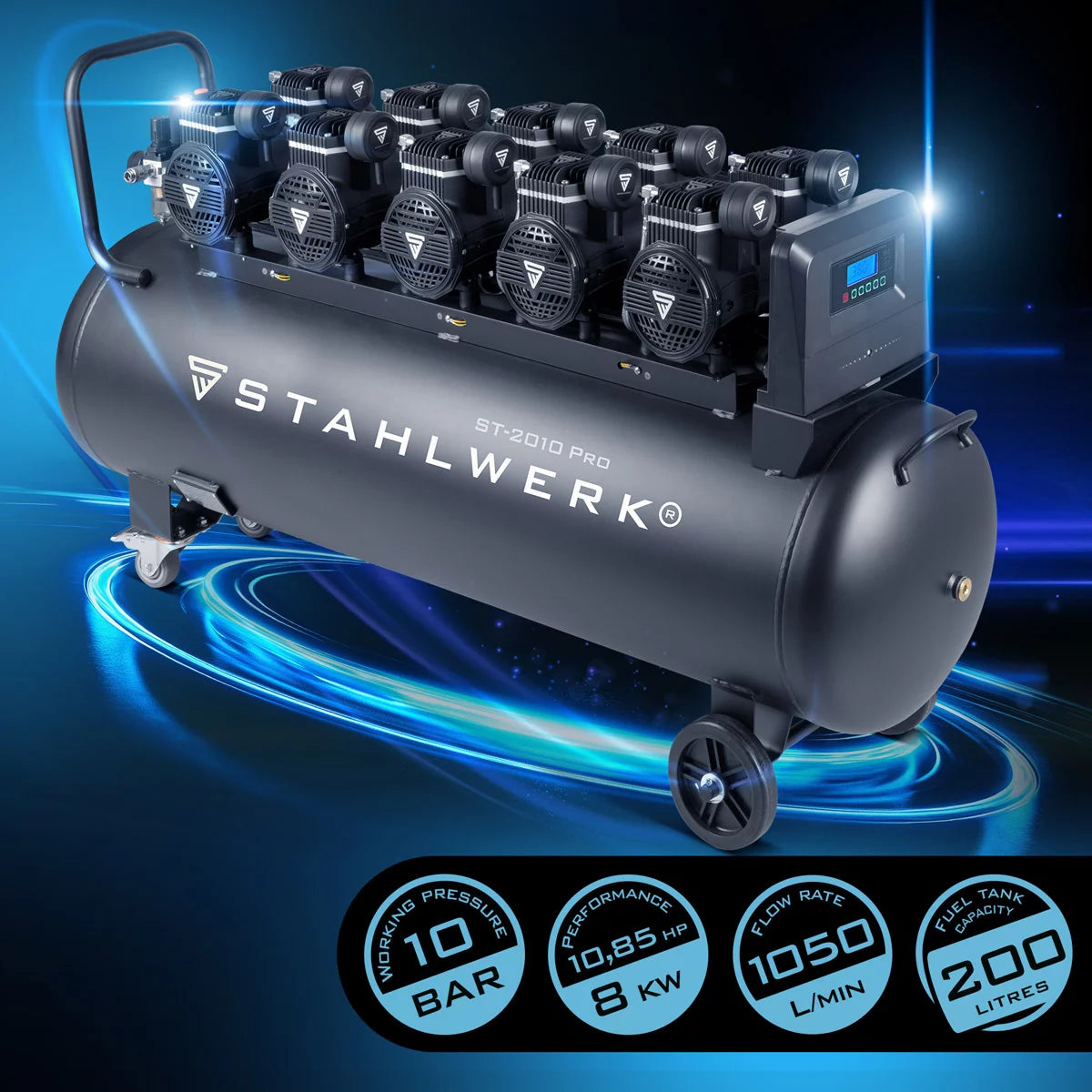 Compresseur Steelworks ST-2010 Pro avec 10 bar | 10.8 ps | 8 kW | 1050 L / min | Rabagateur à 200 L de compresseur d'air comprimé sans huile | Compresseur de piston | Compresseur silencieux | COMPRESSEUR DE CHIMPER avec des moteurs sans balais