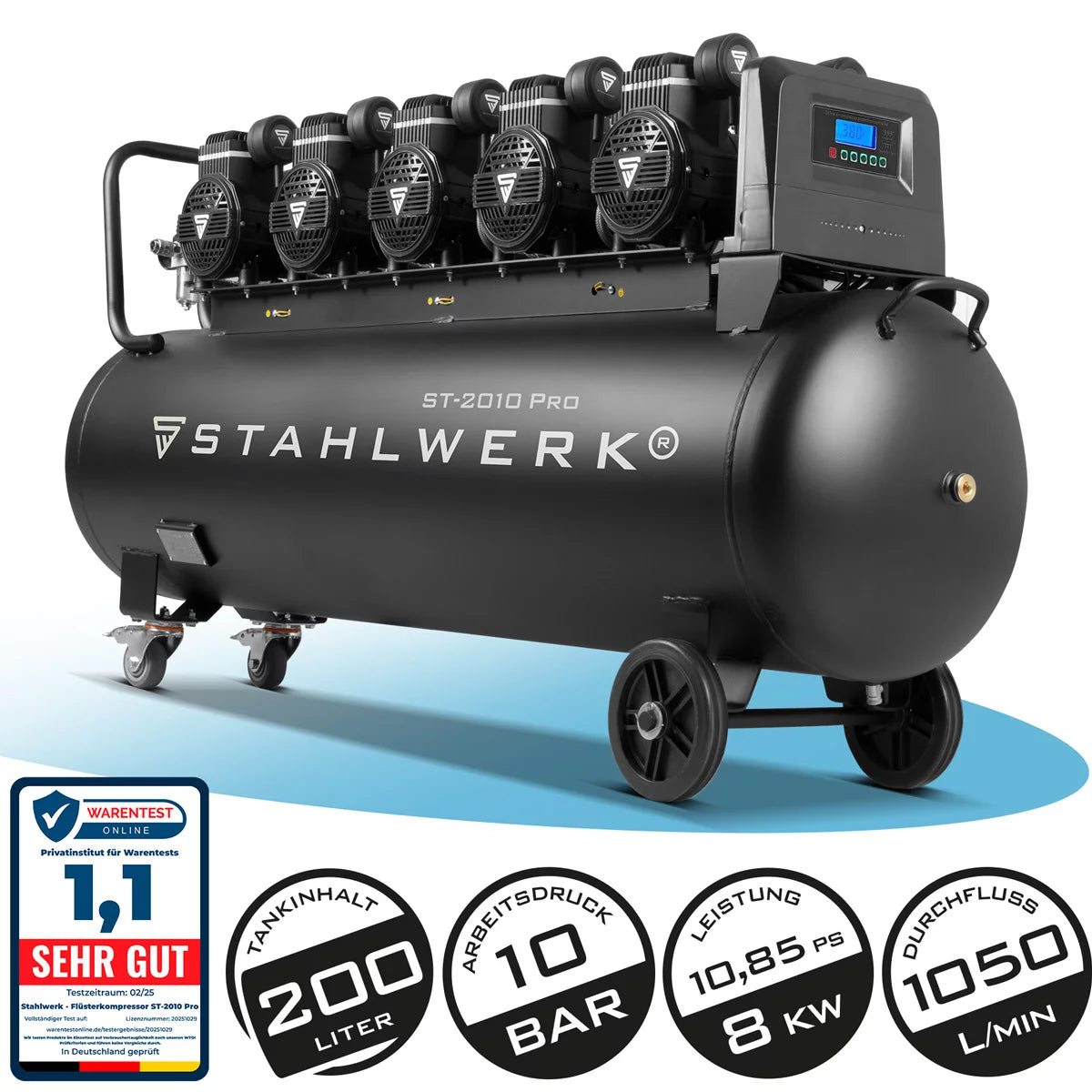 Compresseur Steelworks ST-2010 Pro avec 10 bar | 10.8 ps | 8 kW | 1050 L / min | Rabagateur à 200 L de compresseur d'air comprimé sans huile | Compresseur de piston | Compresseur silencieux | COMPRESSEUR DE CHIMPER avec des moteurs sans balais