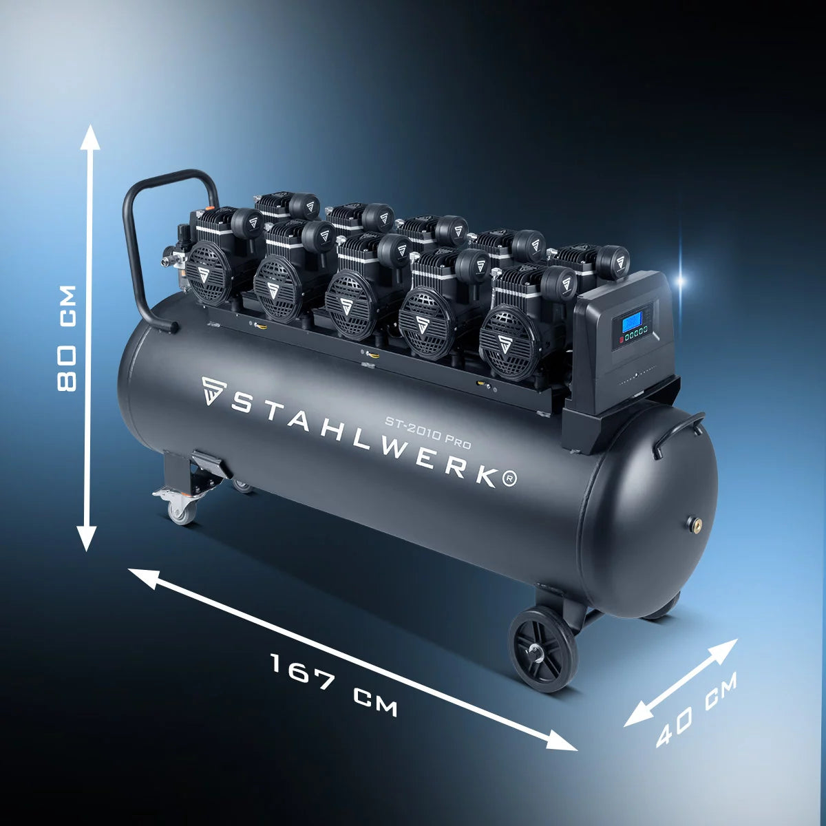 STAHLWERK Kompressor ST-2010 Pro mit 10 bar | 10,8 PS | 8 kW | 1050 l/min | 200 l Tank ölfreier Druckluft-Kompressor | Kolben-Kompressor | Silent-Kompressor | Flüster-Kompressor mit Brushless-Motoren