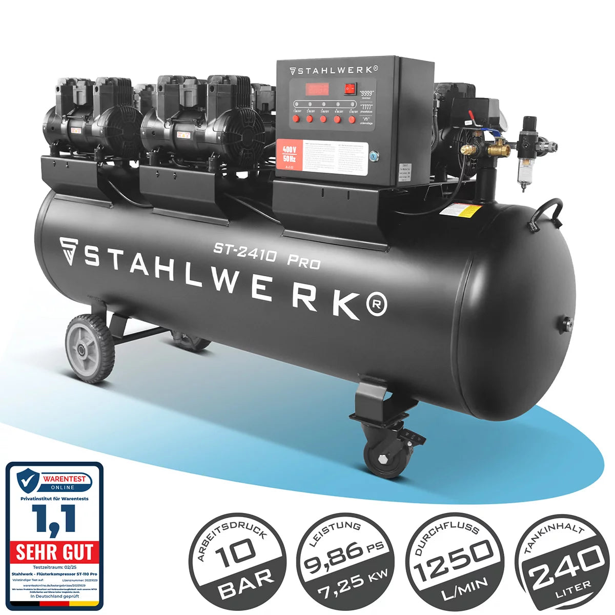 STAHLWERK compressor ST-2410 Pro with 10 bar | 9.86 hp | 7.25kW | 1250 l/min | 240 L tank oil-free compressed air compressor | Piston compressor | Silent compressor | Whisper compressor with brushless motors