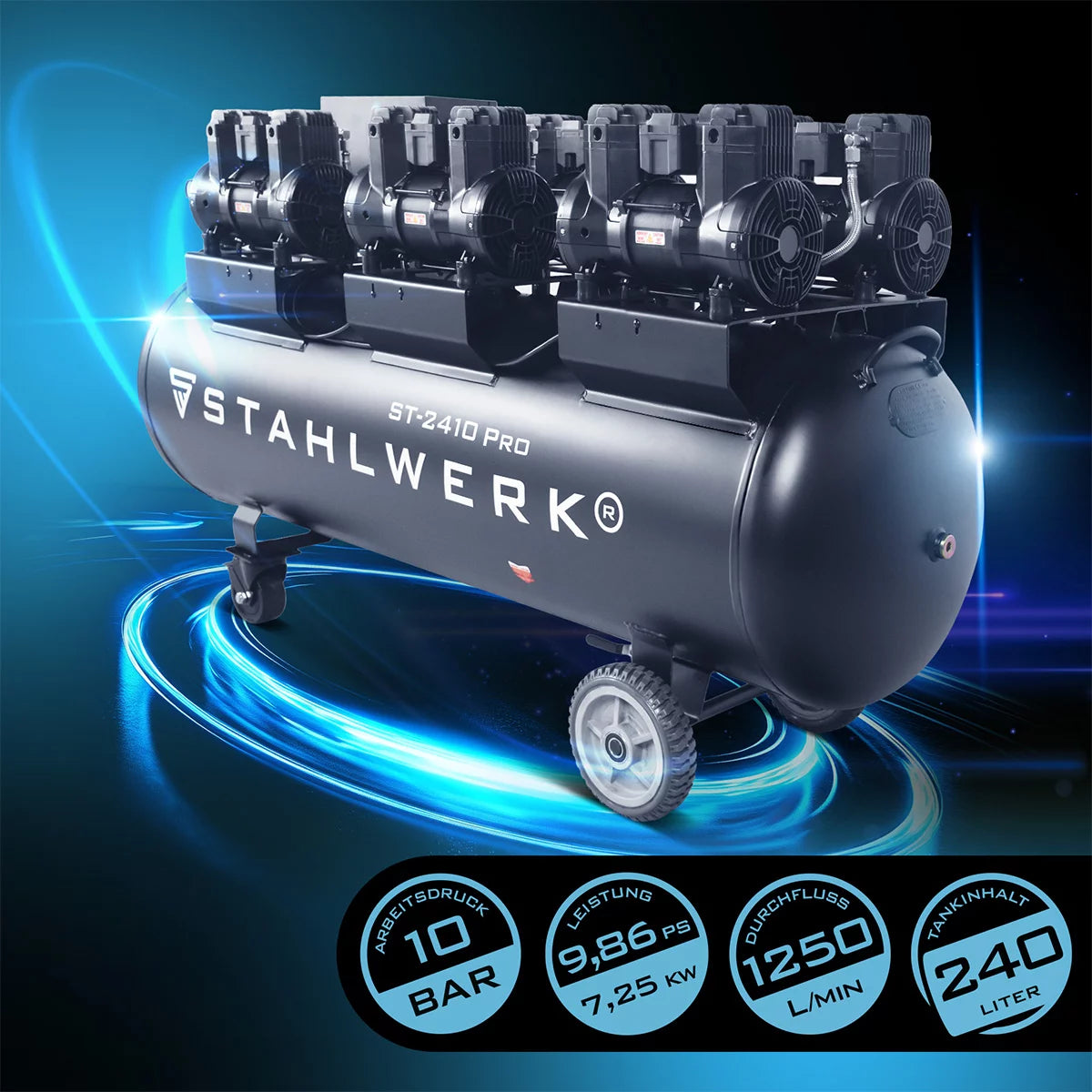 STAHLWERK compressor ST-2410 Pro with 10 bar | 9.86 hp | 7.25kW | 1250 l/min | 240 L tank oil-free compressed air compressor | Piston compressor | Silent compressor | Whisper compressor with brushless motors