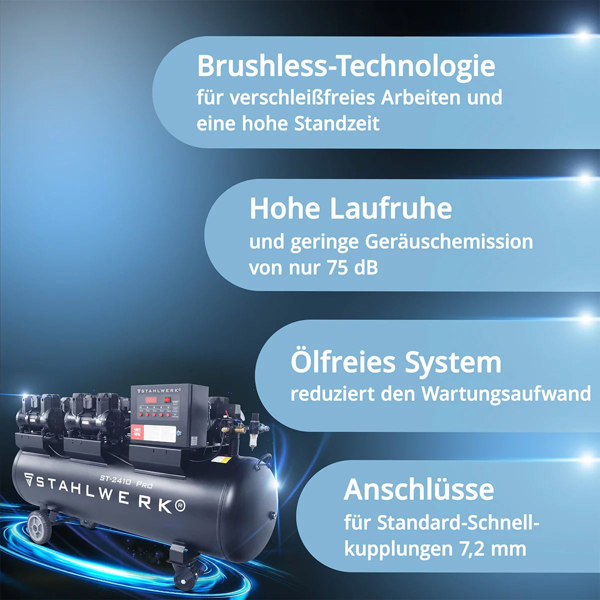 STAHLWERK compressor ST-2410 Pro with 10 bar | 9.86 hp | 7.25kW | 1250 l/min | 240 L tank oil-free compressed air compressor | Piston compressor | Silent compressor | Whisper compressor with brushless motors