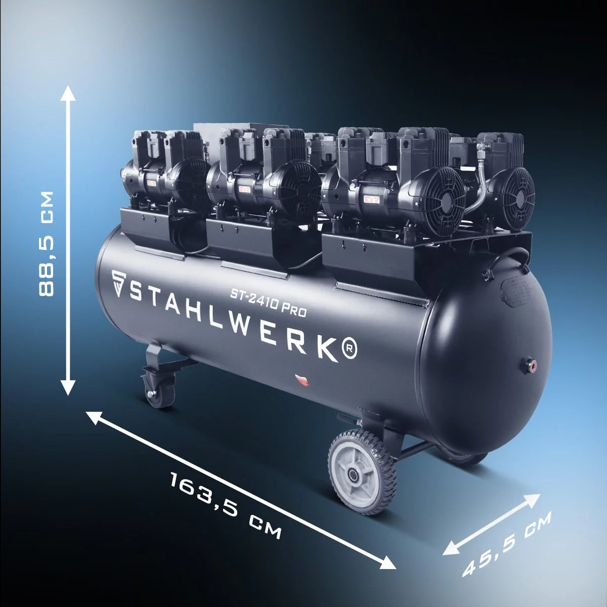 STAHLWERK compressor ST-2410 Pro with 10 bar | 9.86 hp | 7.25kW | 1250 l/min | 240 L tank oil-free compressed air compressor | Piston compressor | Silent compressor | Whisper compressor with brushless motors