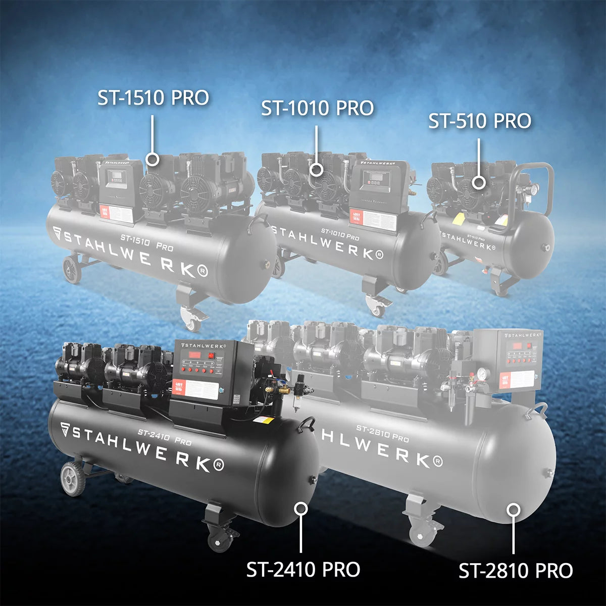 Compresor STAHLWERK ST-2410 Pro con 10 bar | 9,86 CV | 7,25 kW | 1250 l/min | Compresor de aire comprimido sin aceite con depósito de 240 L | Compresor de pistón | Compresor silencioso | Compresor Whisper con motores sin escobillas.