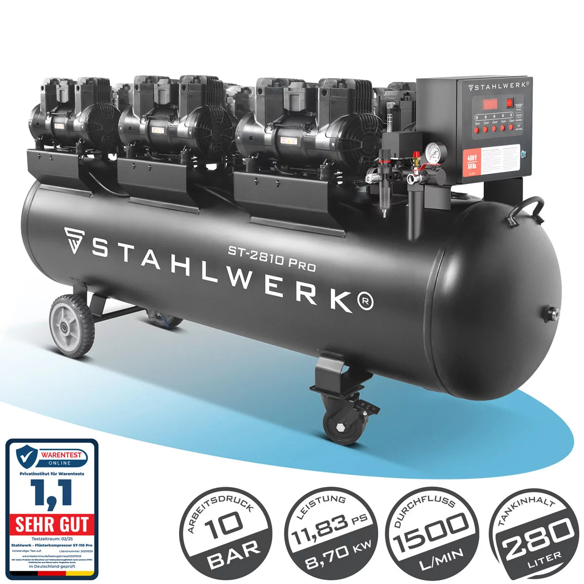 STAHLWERK compressor ST-2810 Pro with 10 bar | 11.83 hp | 8.70 kW | 1500 l/min | 280 L tank oil-free compressed air compressor | Piston compressor | Silent compressor | Whisper compressor with brushless motors
