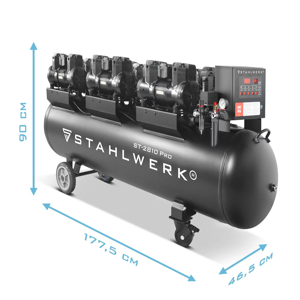 STAHLWERK compressor ST-2810 Pro with 10 bar | 11.83 hp | 8.70 kW | 1500 l/min | 280 L tank oil-free compressed air compressor | Piston compressor | Silent compressor | Whisper compressor with brushless motors