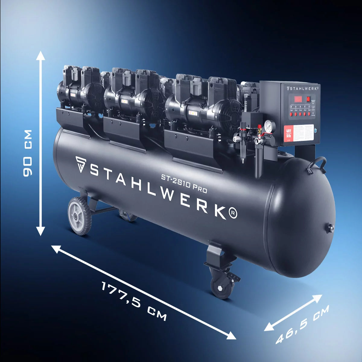 STAHLWERK compressor ST-2810 Pro with 10 bar | 11.83 hp | 8.70 kW | 1500 l/min | 280 L tank oil-free compressed air compressor | Piston compressor | Silent compressor | Whisper compressor with brushless motors