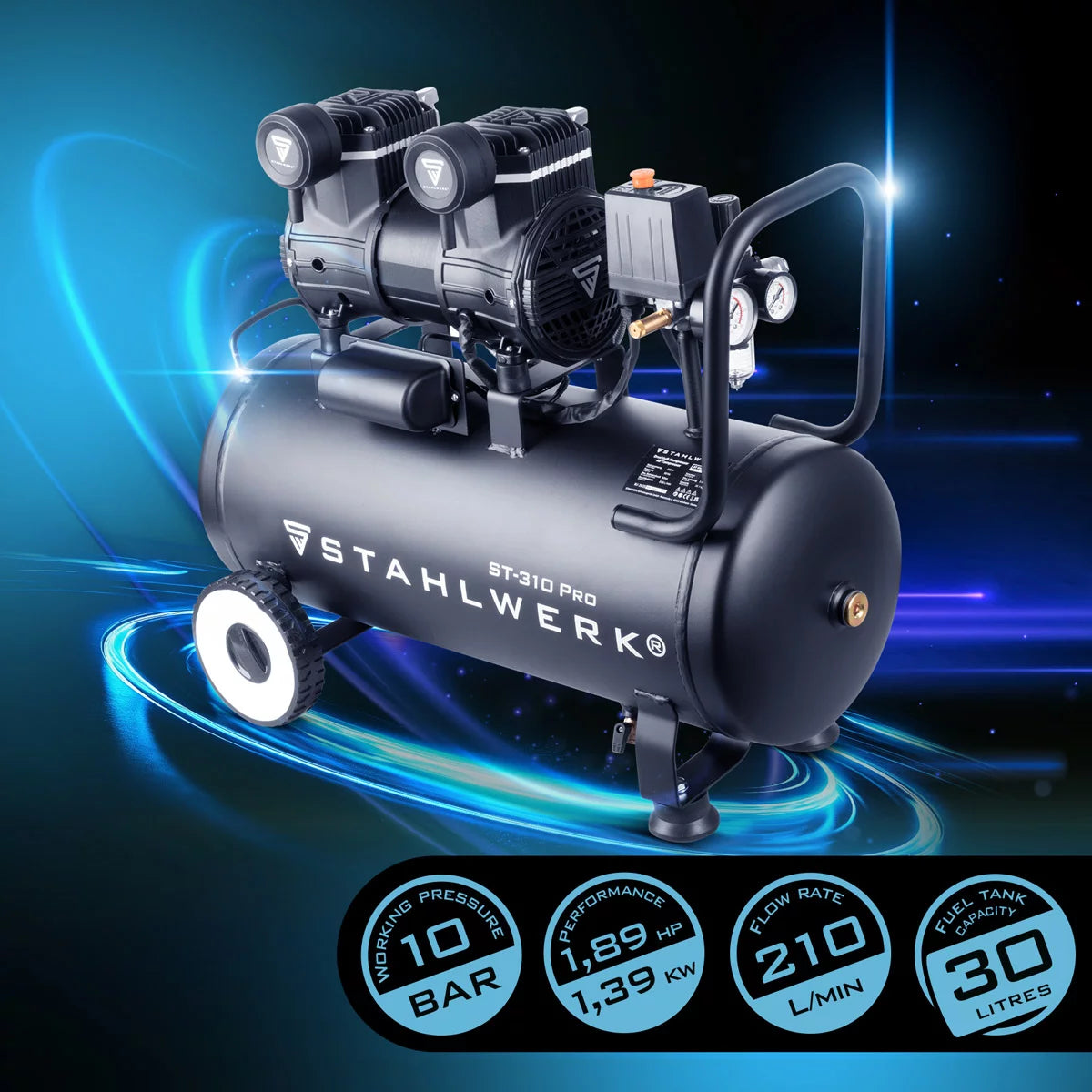 STAHLWERK Kompressor ST-310 Pro mit 10 bar | 2,1 PS | 1,6 kW | 210 l/min | 30 l Tank ölfreier Druckluft-Kompressor | Kolben-Kompressor | Silent-Kompressor | Flüster-Kompressor mit Brushless-Motoren