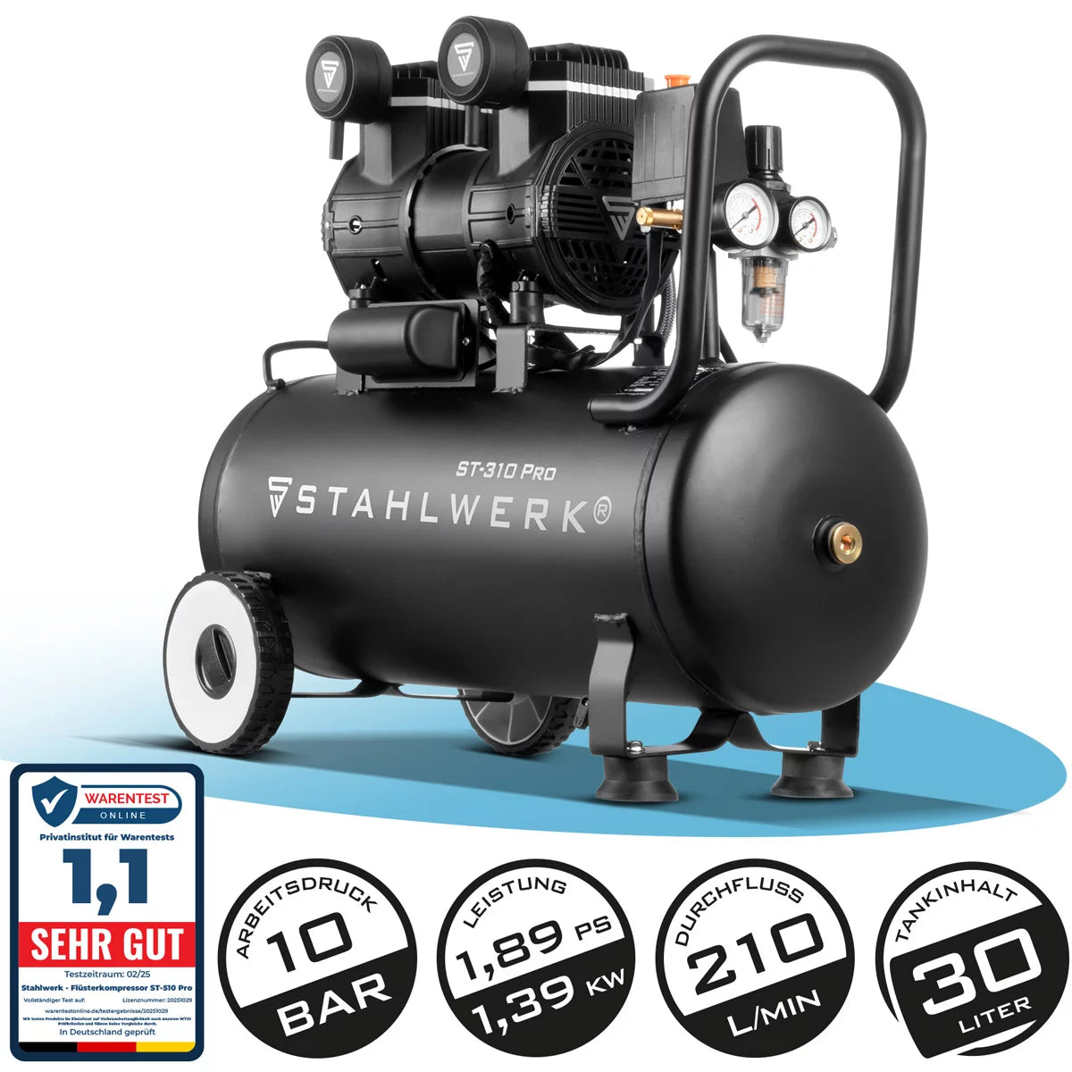 STAHLWERK Kompressor ST-310 Pro mit 10 bar | 2,1 PS | 1,6 kW | 210 l/min | 30 l Tank ölfreier Druckluft-Kompressor | Kolben-Kompressor | Silent-Kompressor | Flüster-Kompressor mit Brushless-Motoren