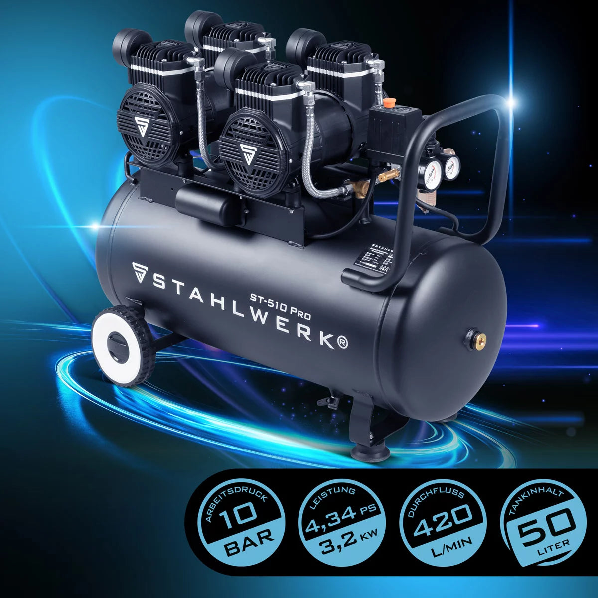 STAHLWERK Kompressor ST-510 Pro mit 10 bar | 4,3 PS | 3,2 kW | 420 l/min | 50 l Tank ölfreier Druckluft-Kompressor | Kolben-Kompressor | Silent-Kompressor | Flüster-Kompressor mit Brushless-Motoren