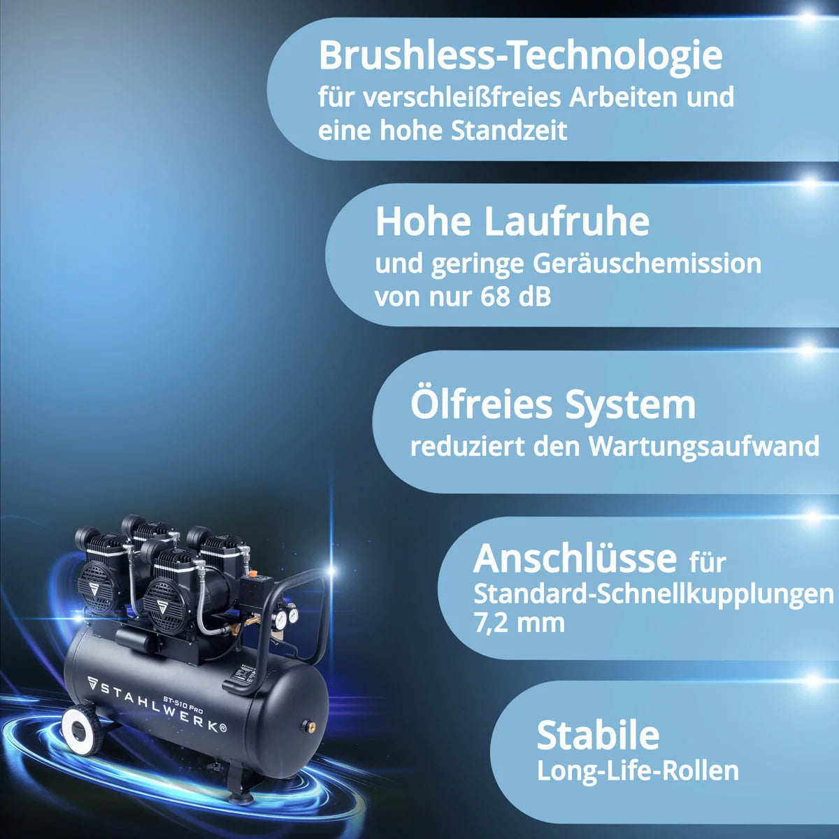 Compresseur Steelworks ST-510 Pro avec 10 bar | 4.3 PS | 3.2 kW | 420 L / min | Réservoir de 50 L de compresseur d'air comprimé sans huile | Compresseur de piston | Compresseur silencieux | COMPRESSEUR DE CHIMPER avec des moteurs sans balais