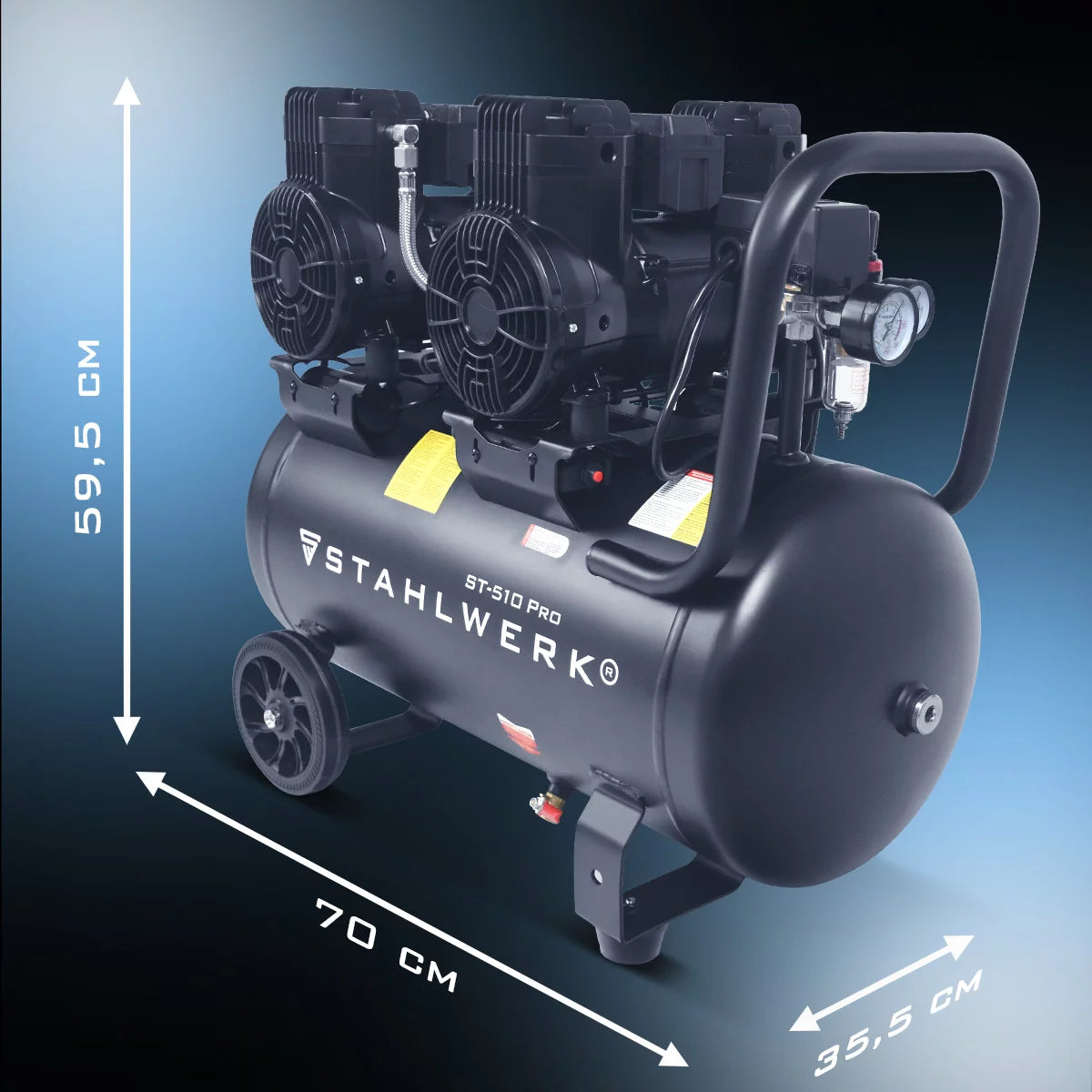 STAHLWERK compressor ST-510 Pro with 10 bar | 3.94 hp | 2.9kW | 500 l/min | 50 L tank oil-free compressed air compressor | Piston compressor | Silent compressor | Whisper compressor with brushless motors