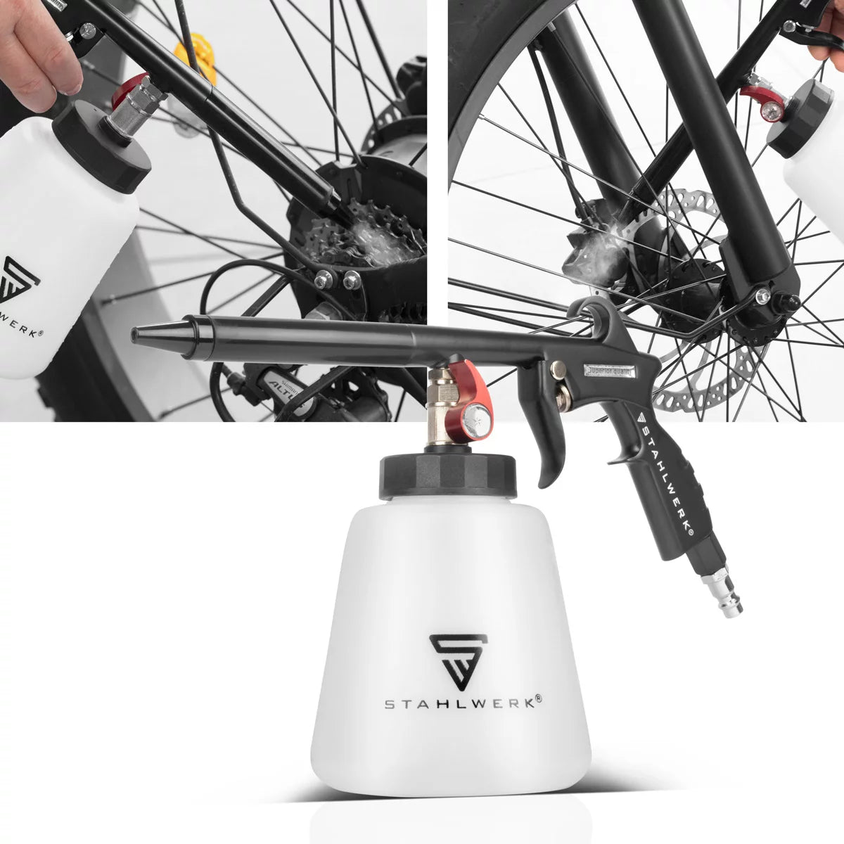STAHLWERK Druckluft-Reinigungspistole RP-93 ST im Set mit 5 Liter Universalreiniger, Felgenbürsten und Mikrofaser-Tüchern | Druckluftreiniger für Autowäsche
