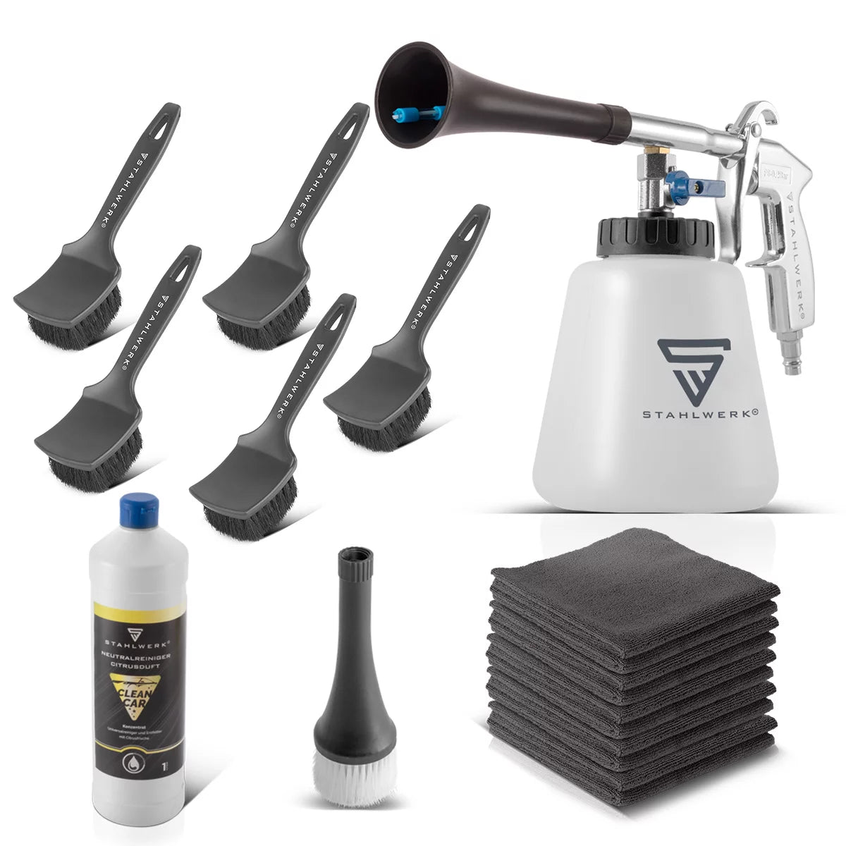 STAHLWERK Profi Druckluft-Reinigungspistole RP-90 ST im Set mit 1 Liter Universalreiniger, Felgenbürsten und Mikrofaser-Tüchern, Druckluft-Reiniger, Innenreiniger