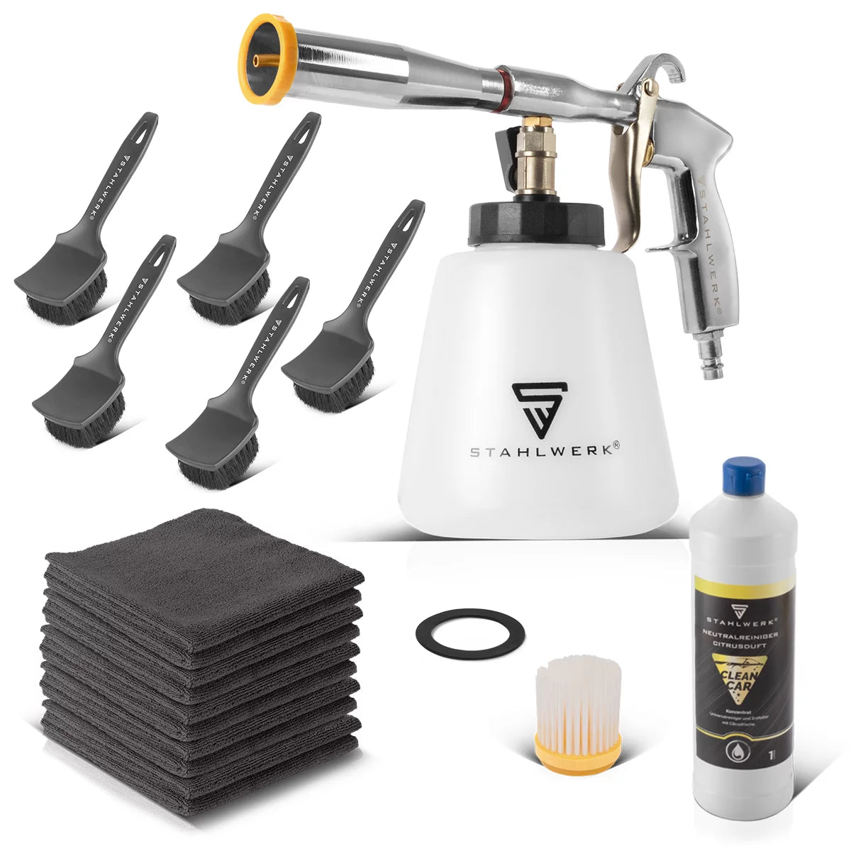 STAHLWERK Druckluft-Reinigungspistole RP-92 ST im Set mit 1 Liter Universalreiniger, Felgenbürsten und Mikrofaser-Tüchern | Profi Druckluft Reiniger mit Tornado-Effekt