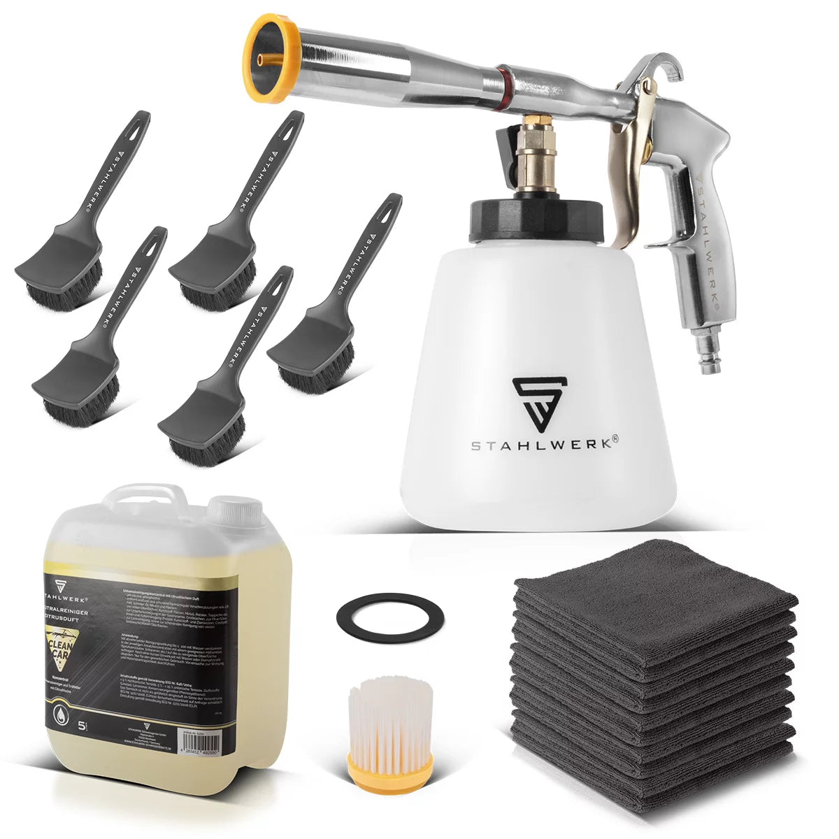 STAHLWERK Druckluft-Reinigungspistole RP-92 ST im Set mit 5 Liter Universalreiniger, Felgenbürsten und Mikrofaser-Tüchern | Profi Druckluft Reiniger mit Tornado-Effekt