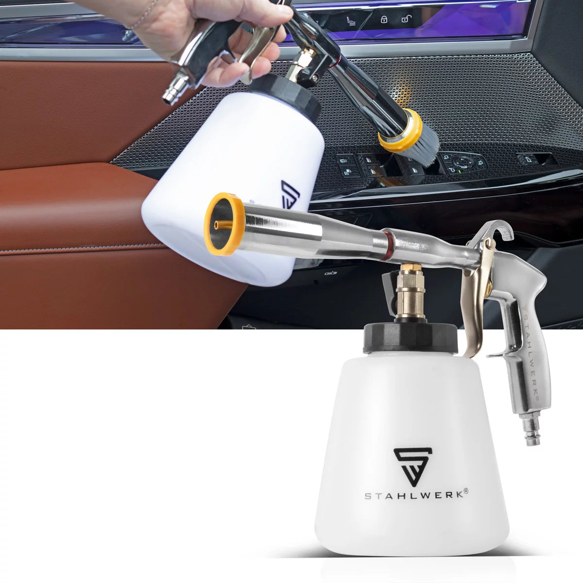 STAHLWERK Druckluft-Reinigungspistole RP-92 ST im Set mit 5 Liter Universalreiniger, Felgenbürsten und Mikrofaser-Tüchern | Profi Druckluft Reiniger mit Tornado-Effekt