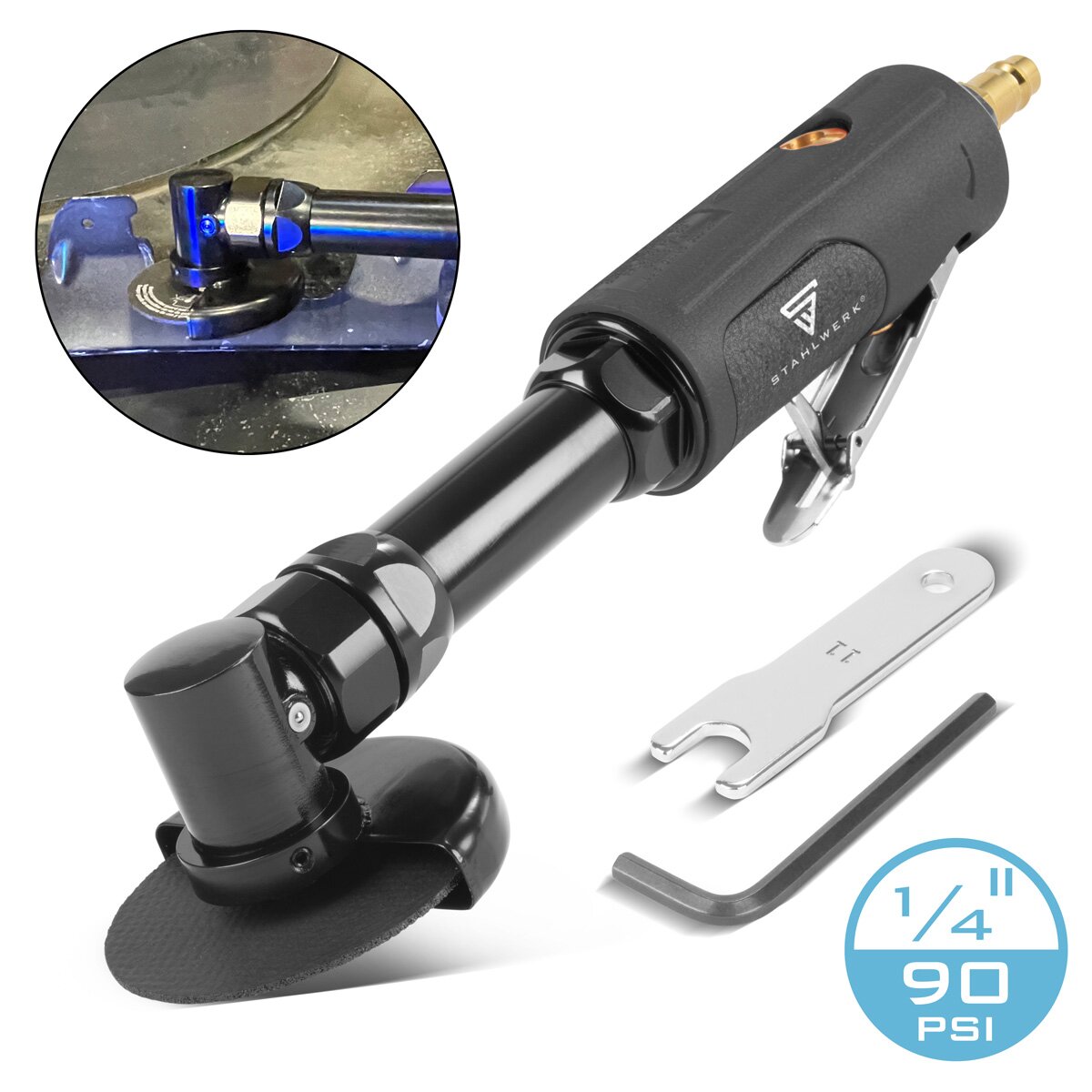 Steelworks compressed air separator DTS-310 ST with 18,000 rpm and ¼ "Recording for 3" / 76.2 mm separating discs, extra long angle grinder | Pneumatic cutting grinder | Compressed air grinder