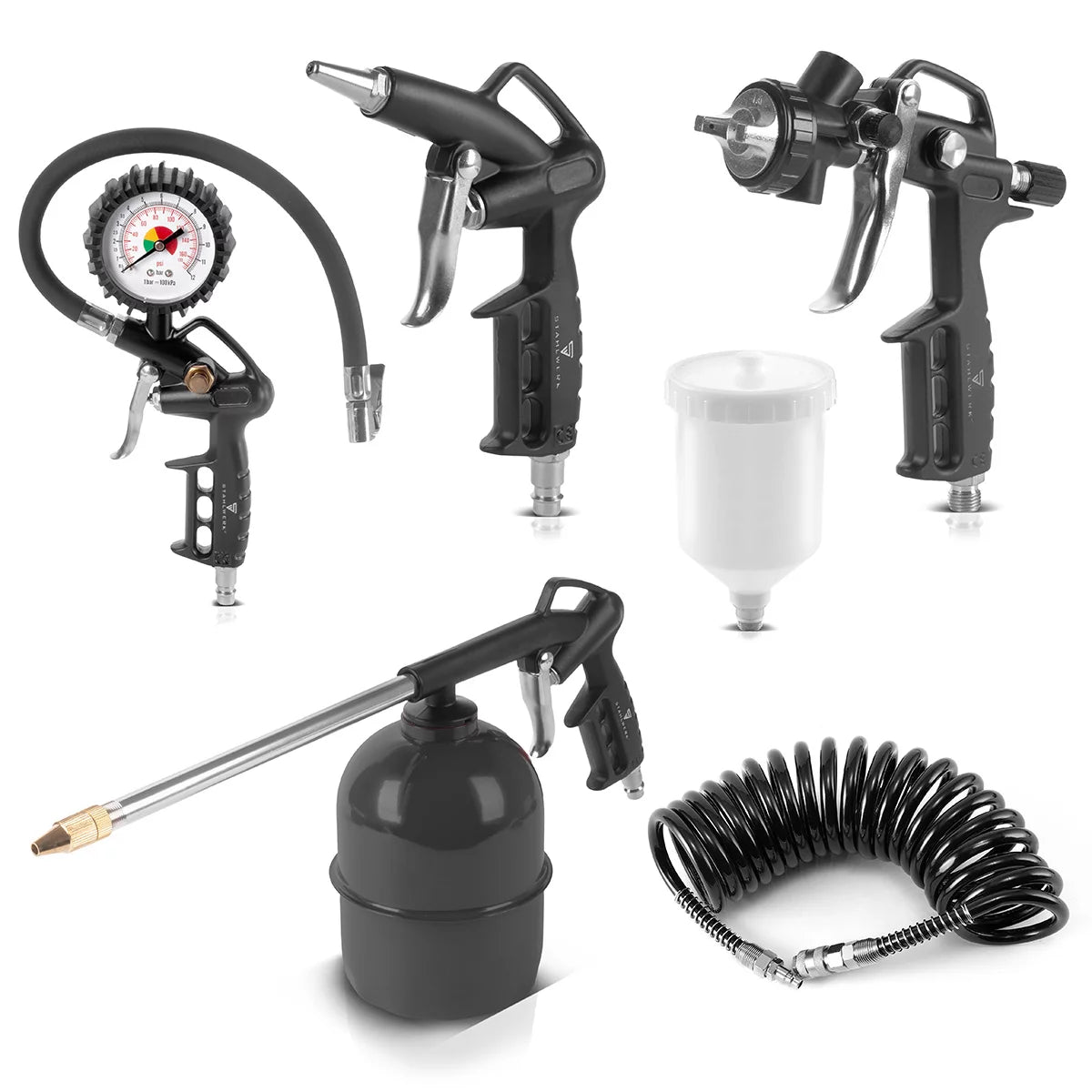 STAHLWERK Druckluftset 5-teilig |Druckluftwerkzeug inklusive Lackierpistole, Ausblaspistole, Reinigungspistole mit Behälter, Reifenfüller mit Druckmesser und 5 Meter Spiralschlauch zum Anschluss