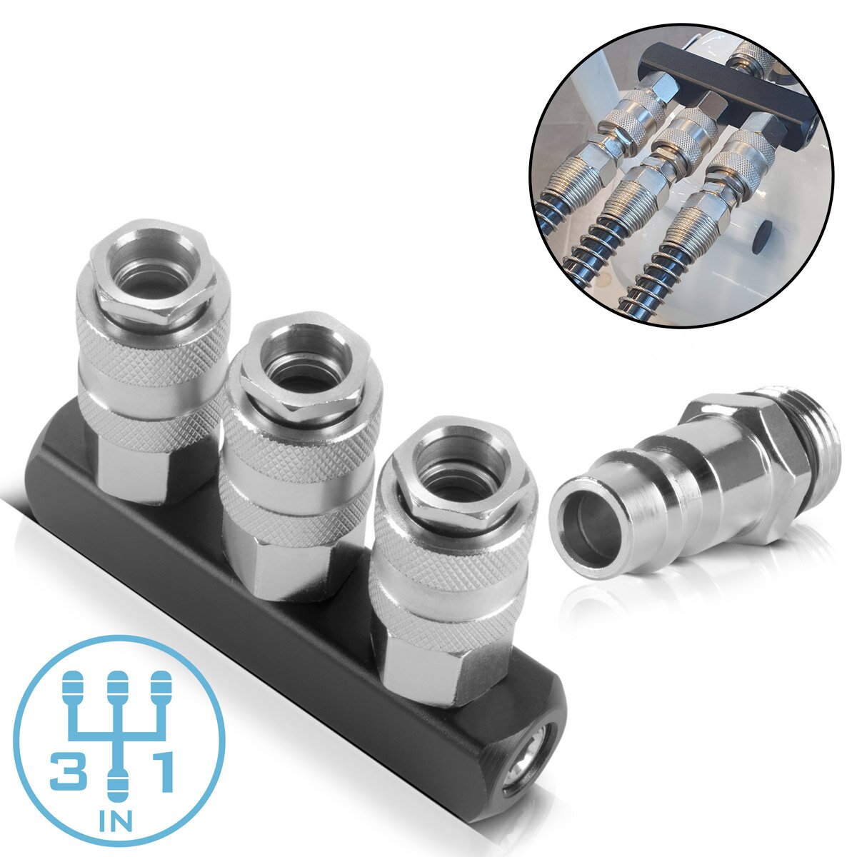 STAHLWERK 3-fach Druckluft-Verteiler | 3-Wege-Verteiler-Anschluss | Druckluft-Adapter | Pneumatik-Verteiler bis 35 bar mit Schnellkupplung NW 7.2 und 1/4 Zoll Anschlussgewinde für Druckluft-Kompressoren