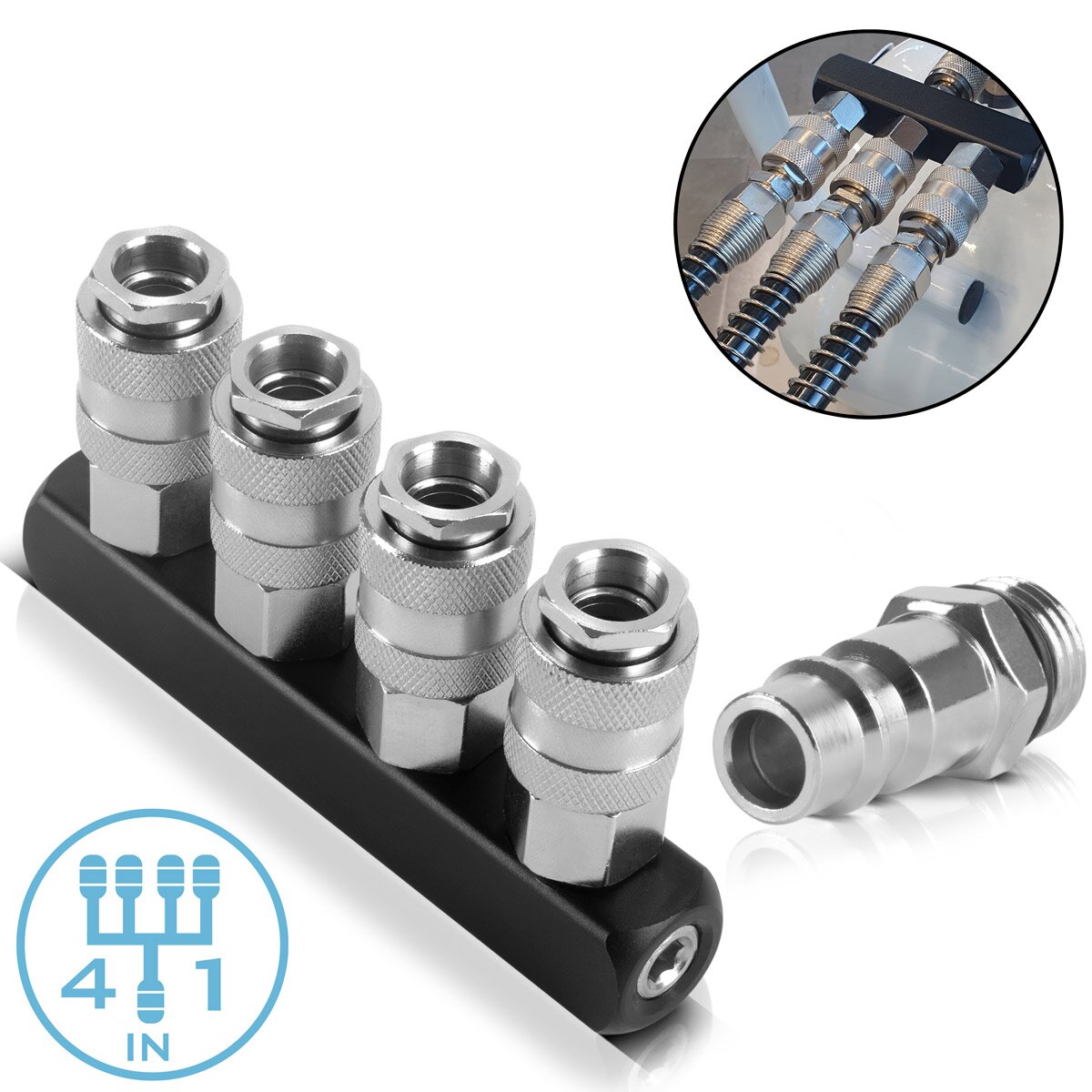 STAHLWERK 4-fach Druckluft-Verteiler | 4-Wege-Verteiler-Anschluss | Druckluft-Adapter | Pneumatik-Verteiler bis 35 bar mit Schnellkupplung NW 7.2 und 1/4 Zoll Anschlussgewinde für Druckluft-Kompressoren