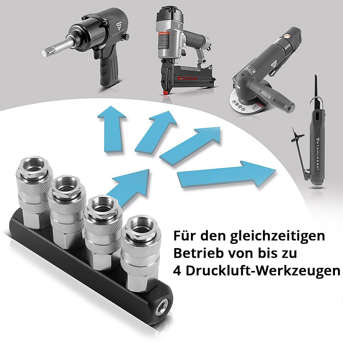 STAHLWERK 4-fach Druckluft-Verteiler | 4-Wege-Verteiler-Anschluss | Druckluft-Adapter | Pneumatik-Verteiler bis 35 bar mit Schnellkupplung NW 7.2 und 1/4 Zoll Anschlussgewinde für Druckluft-Kompressoren