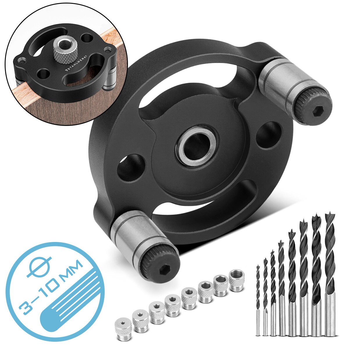 Set di dime per tasselli STAHLWERK con boccole e punte per trapano 3 | 4| 5| 6| 7| 8| 9| Tassello autocentrante da 10 mm | Calibro per tasselli | Dima di foratura | Guida per trapano | Aiuto alla perforazione | Dima di foratura per tasselli in legno