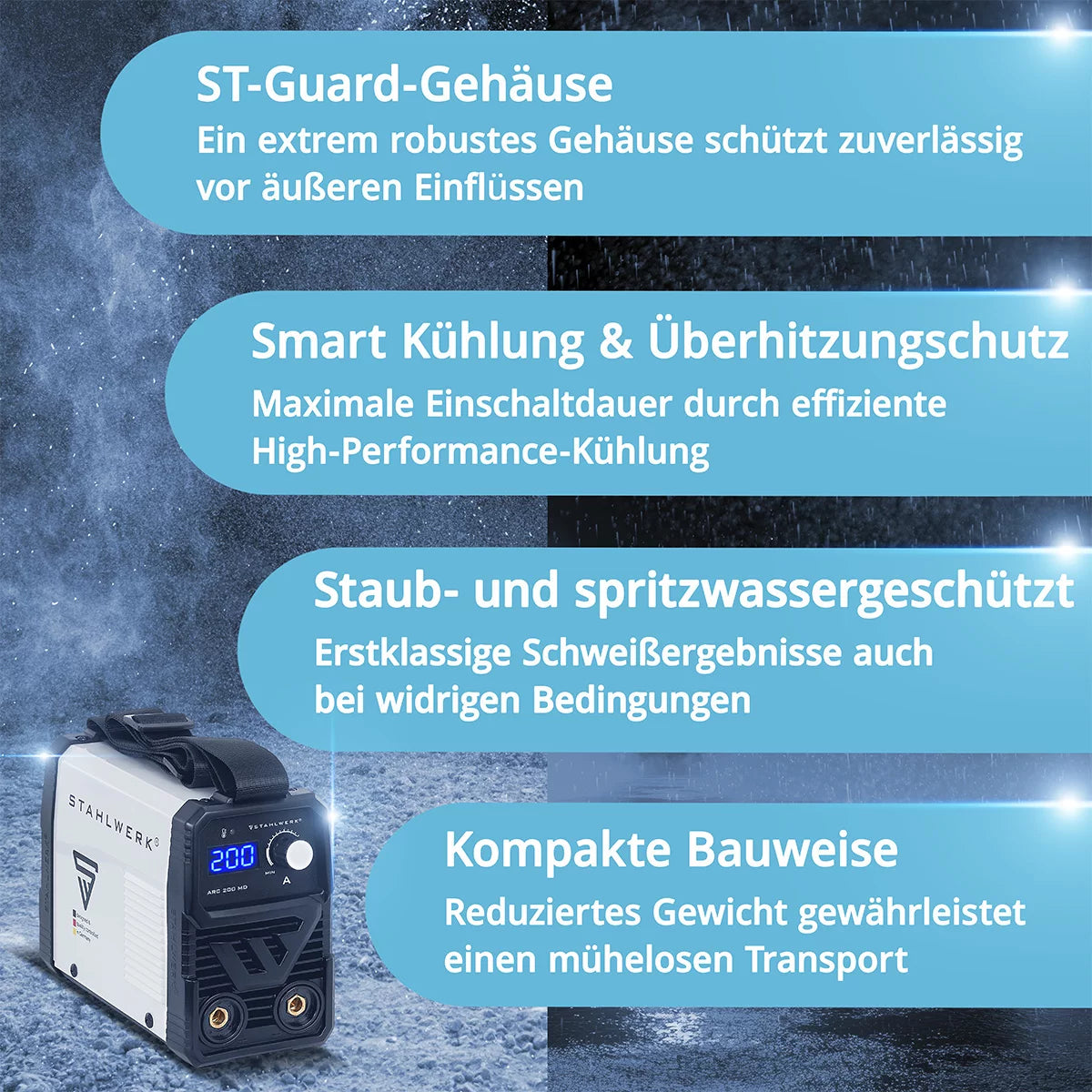 STAHLWERK Elektroden-Schweißgerät ARC 200 MD mit 200 Ampere| Vollausstattung | Schweißhelm | Elektroden | DC MMA/E-Hand | Lift-TIG | Hot-Start | Smartkühlung | Single-Board | Sehr kompakt