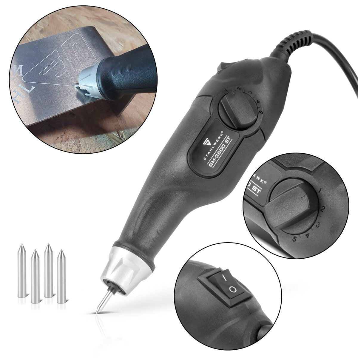 STAHLWERK Gravurmaschine GM-3600 ST mit 24 W elektrischer Gravierer | Gravurstift | Graviergerät | Gravurgerät | Fräser | Gravurwerkzeug mit 5 Hubtiefen-Einstellungen für präzise Graveurarbeiten