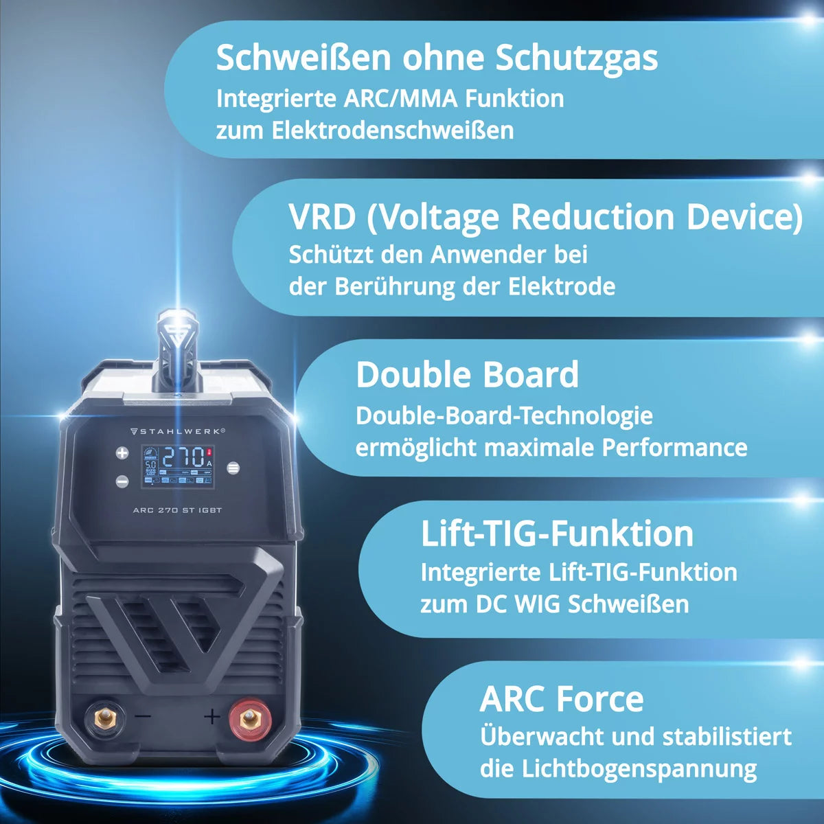 STAHLWERK ARC 270 ST SOLDING DISPOSITIVO DC MMA | Máquina de soldadura de inversor e-mano con 270 amperios, pantalla digital y tecnología IGBT