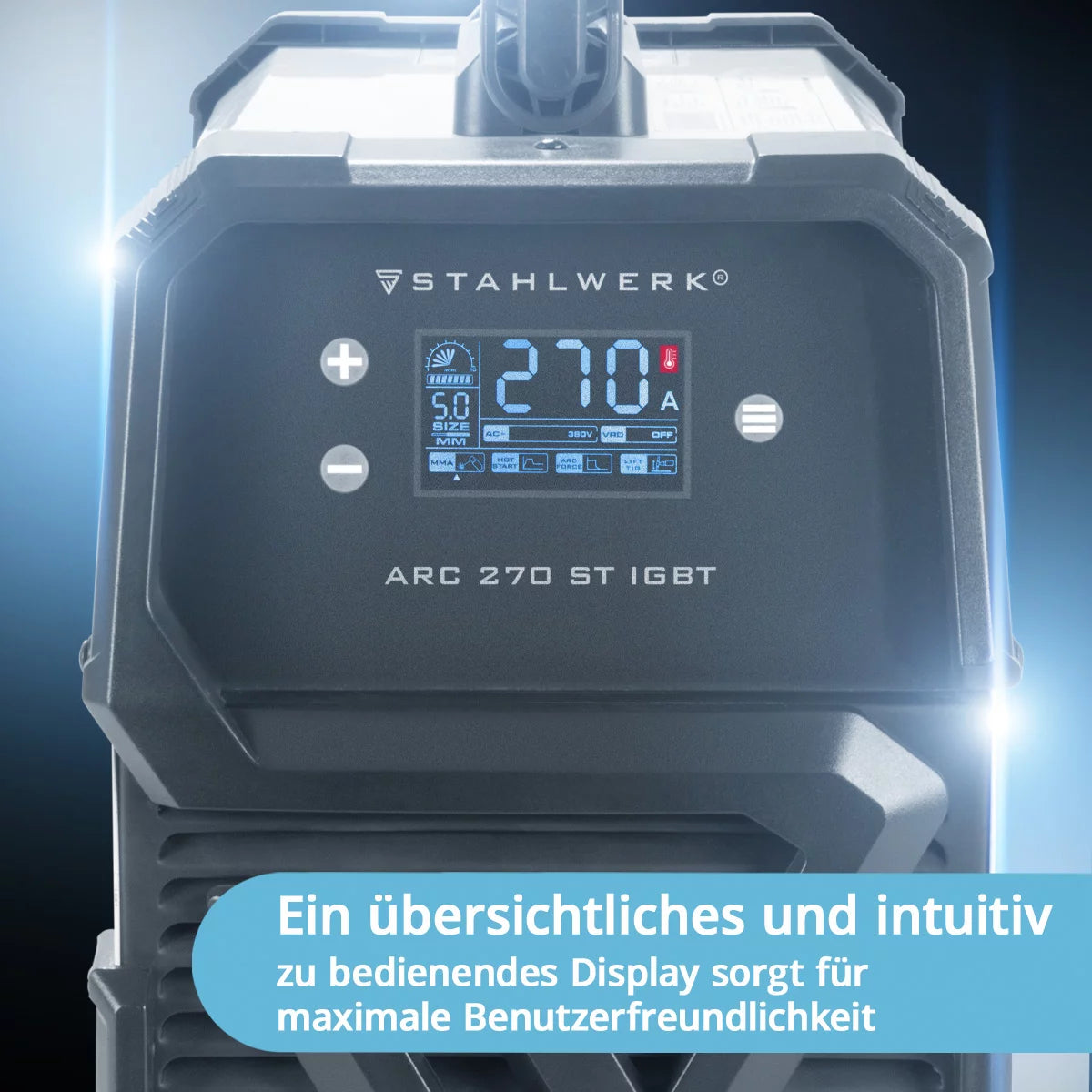 STAHLWERK ARC 270 ST SOLDING DISPOSITIVO DC MMA | Máquina de soldadura de inversor e-mano con 270 amperios, pantalla digital y tecnología IGBT