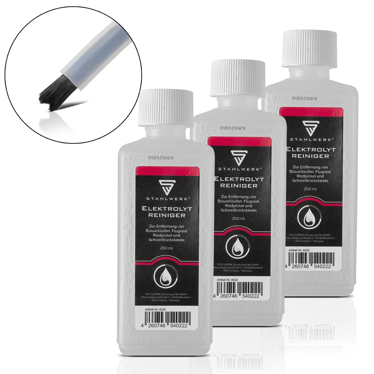 STAHLWERK 3 x Elektrolytreiniger ermöglicht die saubere, rückstandslose Reinigung von Schweißnähten von Rost und Blauanläufen.
