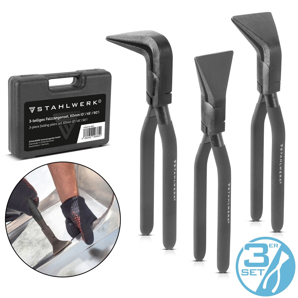 Stahlwerk folding tongs set 0 ° | 45 ° | 90 ° with 60 mm mowing width tongue pliers | Tlech pliers | Bending pliers | Spengler pliers | Tin -bending pliers | Roofer pliers | Plumbing tongs made of robust carbon steel