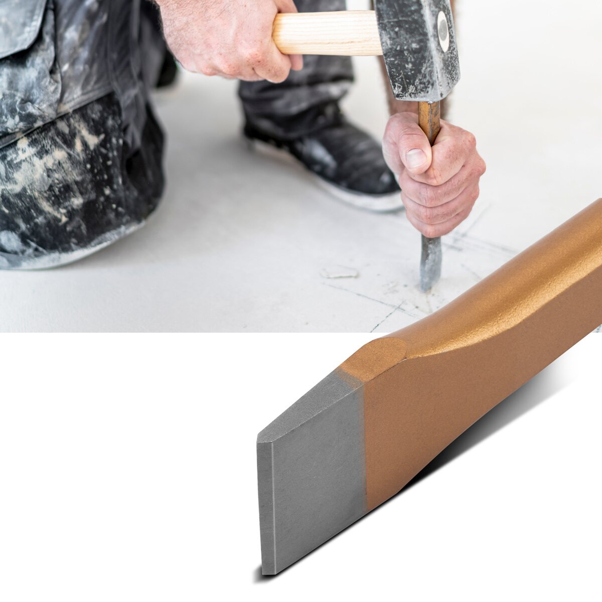 STAHLWERK Flachmeißel 4er Set Gold 175 | 200 | 250 | 300 mm Handmeißel aus gehärtetem Stahl zum professionellen Meißeln von Metall, Stein, Holz, Beton, Fliesen und Kunststoffen