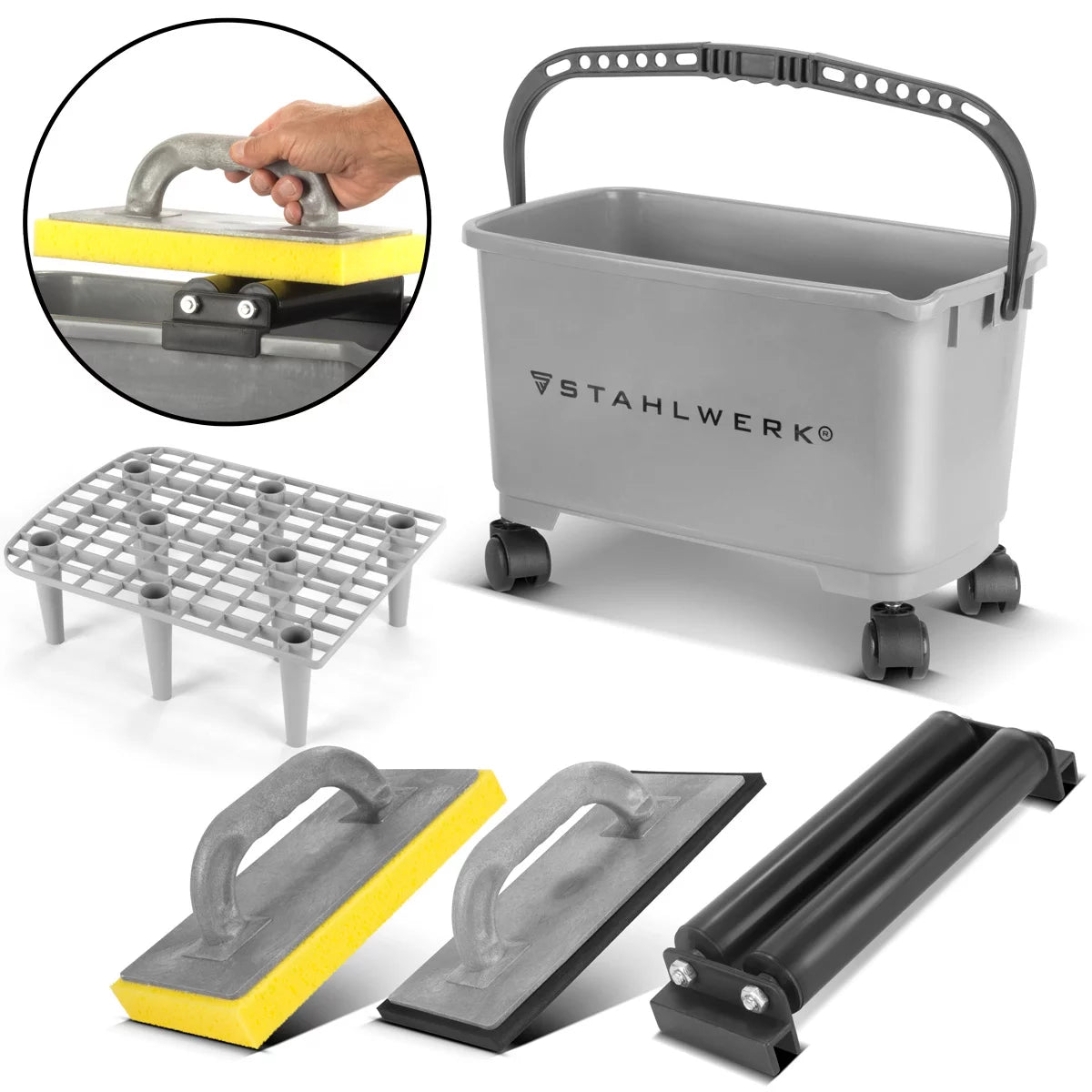 Steelworks karo yıkama seti pro | 5 bölümlü TILER Yıkama Seti | 24 litre kova ile profesyonel karo yıkama seti | Karo yıkama tahtası | Şerit Kurulu | Karo Temizlik | Mükemmel Fayans