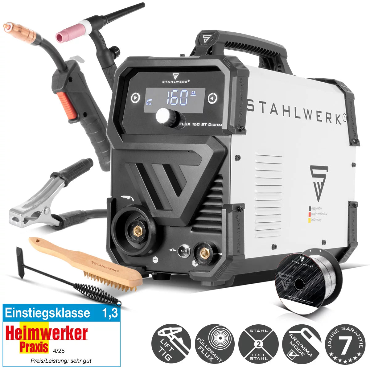 STAHLWERK FLUX 160 ST Digital | Lift TIG starter set | 3-in-1 cored wire inverter 160 A | WP-17V Universal Lift Tig Torch | Combination welding machine for FLUX, MMA, Lift-TIG | Welding without shielding gas