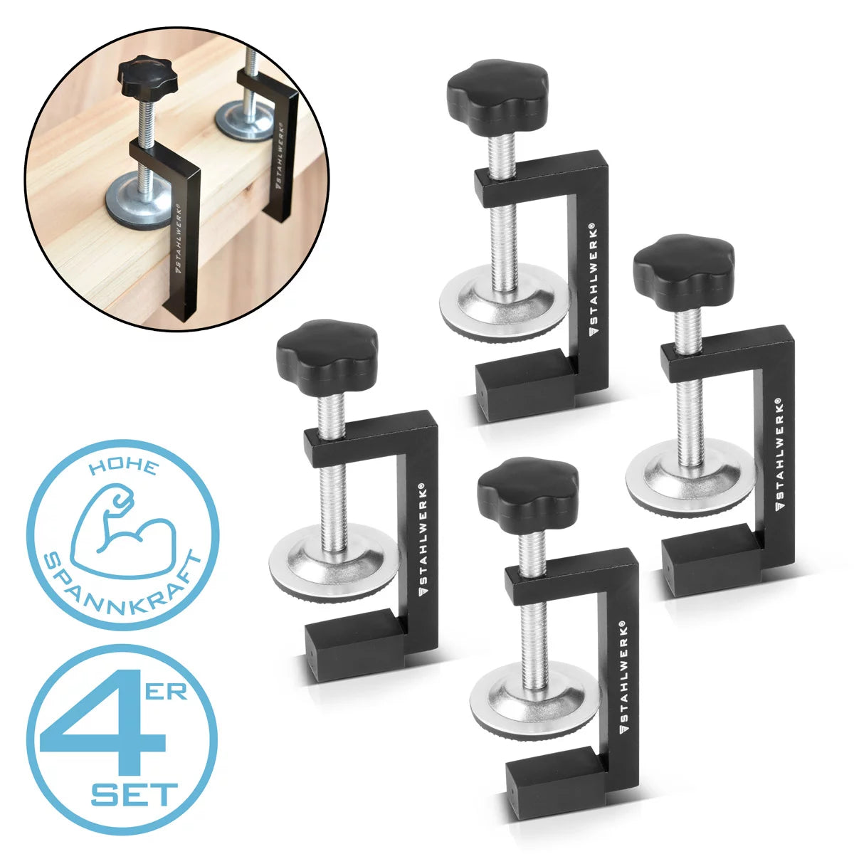 STAHLWERK G-Klemmen 8er Set | Hochwertige Schraubklemmen Mit Stufenlos Einstellbarem Klemmbereich Von 7 55 Mm Und Strukturiertem Gummipolster Zur Sicheren Fixierung Von Werkstuecken