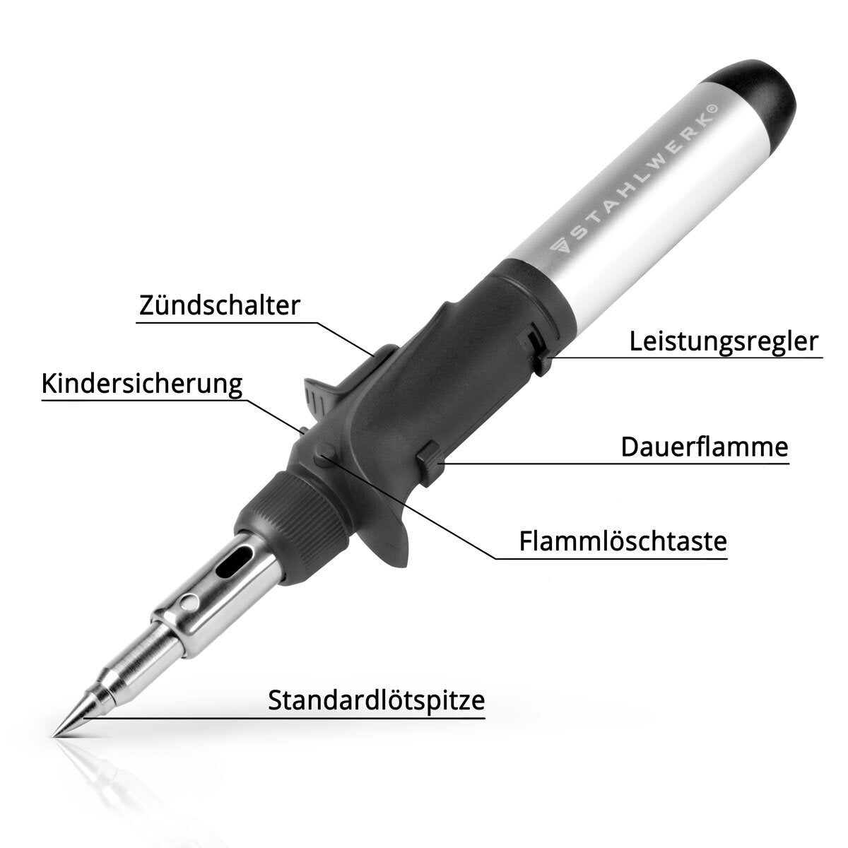Pollen de gas de acero GLK-500 ST 10-PART 3-en-1 Set similar a gas | Dispositivo de soldadura | Lötstation | Pistola de línea con temperatura de soldadura de 200-500 ° C y boquilla de llama de 1.300 ° C para trabajos de aire caliente, fuego y soldadura