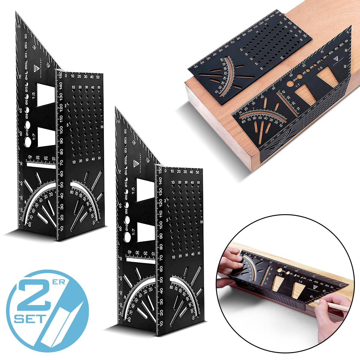 Steelworks 2 Impostare Mirscale Winkel Linal con arresto e perforazione dell'apprendistato 3D angolo | Zimmermannswinkel | Angolo di alluminio | Gehrtige | Coltelli da anziano per misurazione precisa, strappato e pareggio