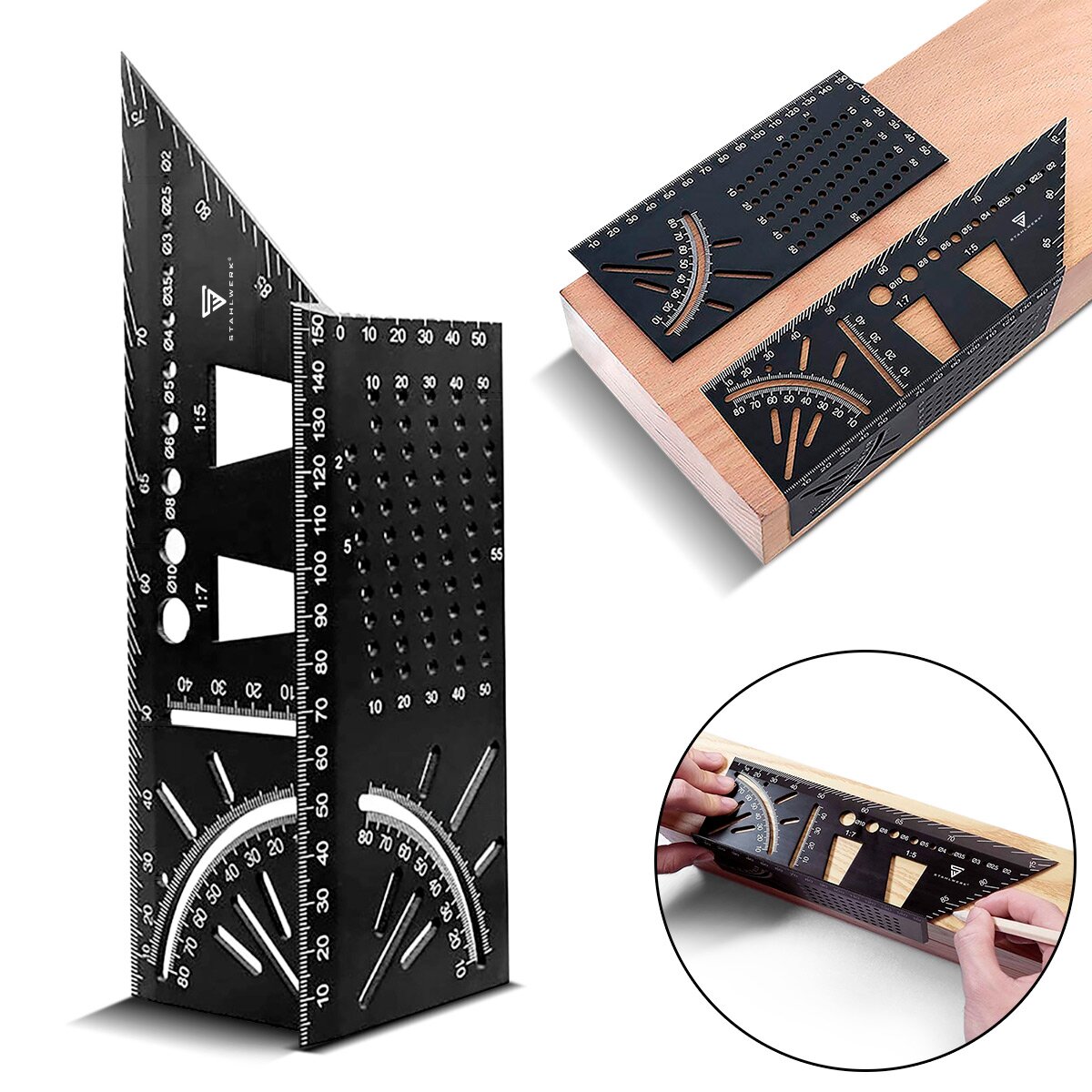 Steelworks 2 Impostare Mirscale Winkel Linal con arresto e perforazione dell'apprendistato 3D angolo | Zimmermannswinkel | Angolo di alluminio | Gehrtige | Coltelli da anziano per misurazione precisa, strappato e pareggio