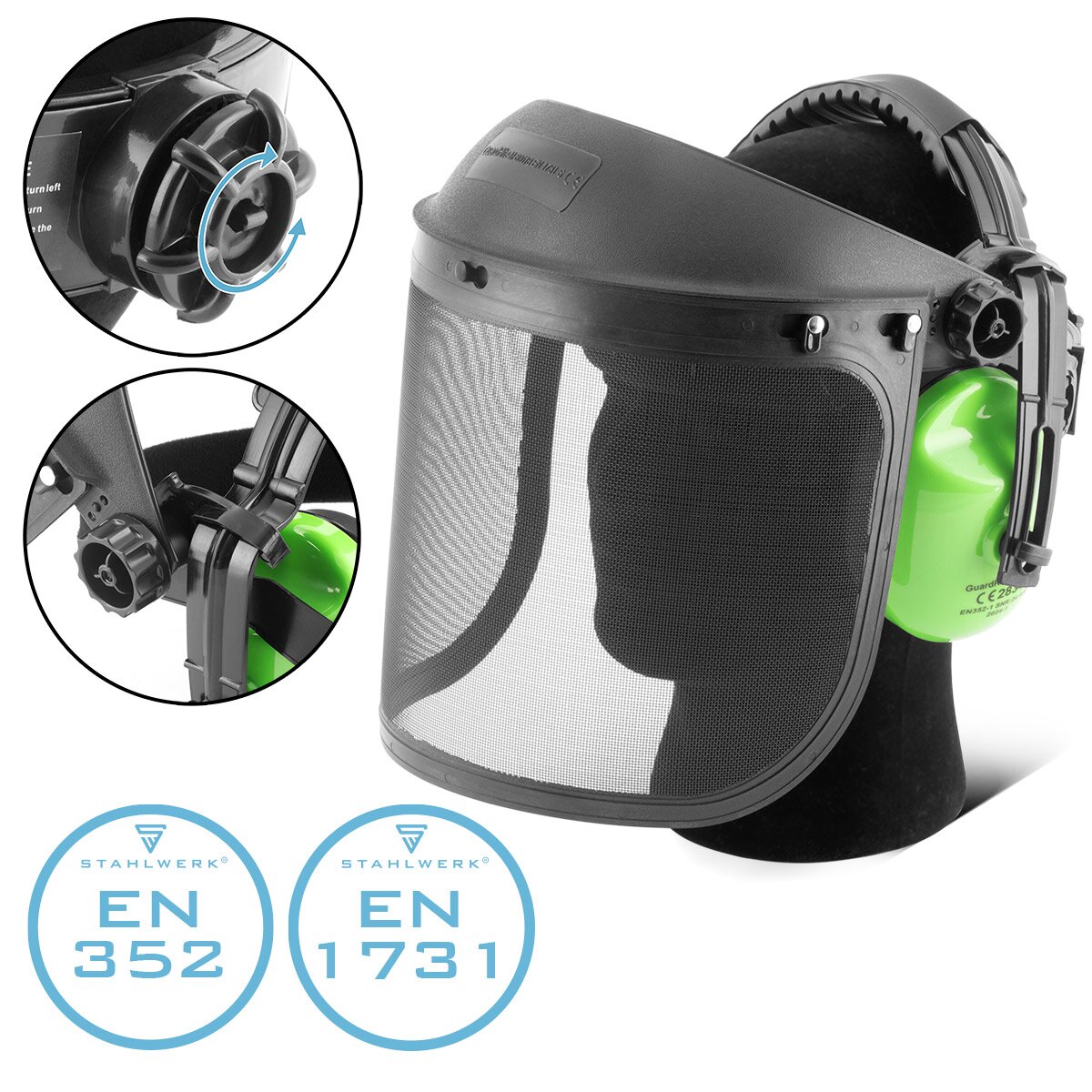 STAHLWERK Gesichts- und Gehörschutz-Kombination EN352 EN1731 Schutzvisier | Forsthelm | Schutzhelm | Augenschutz | Schutzmaske | Kopfschutz | PSA für Agrar-, Forst- und Baugewerbe