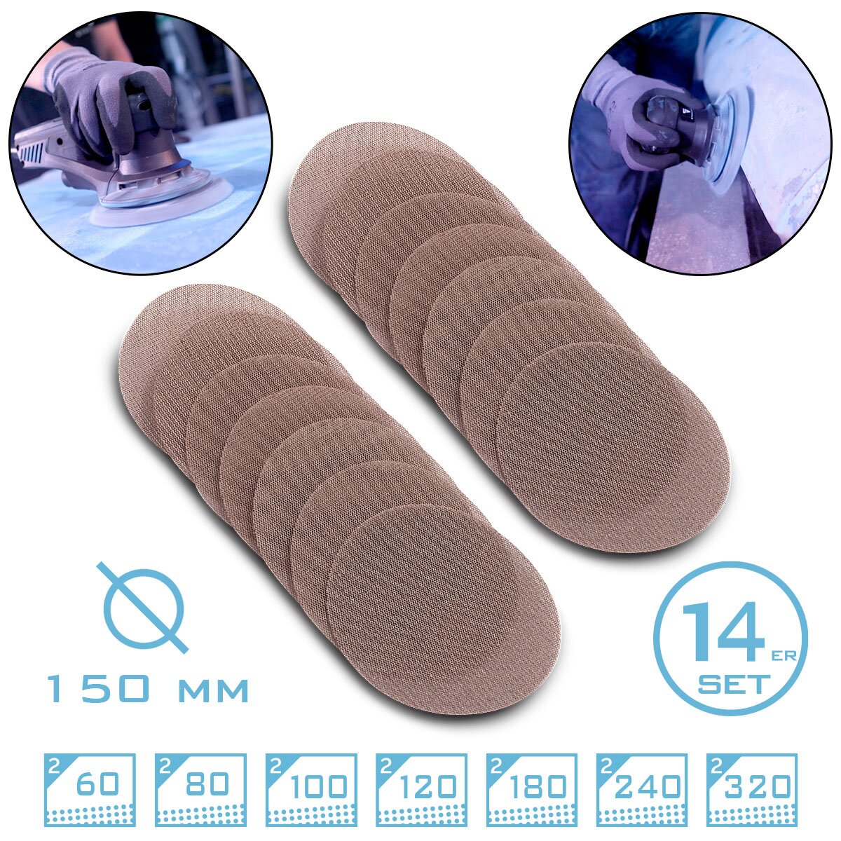 Steelworks Gundertetz-Klett Panes de molienda 14er Set P60 | P80 | P100 | P120 | P180 | P240 | P320 grano con almohadillas de molienda de 150 mm Ø | Rejilla de molienda | Agente de molienda | Accesorios para dispositivos de molienda