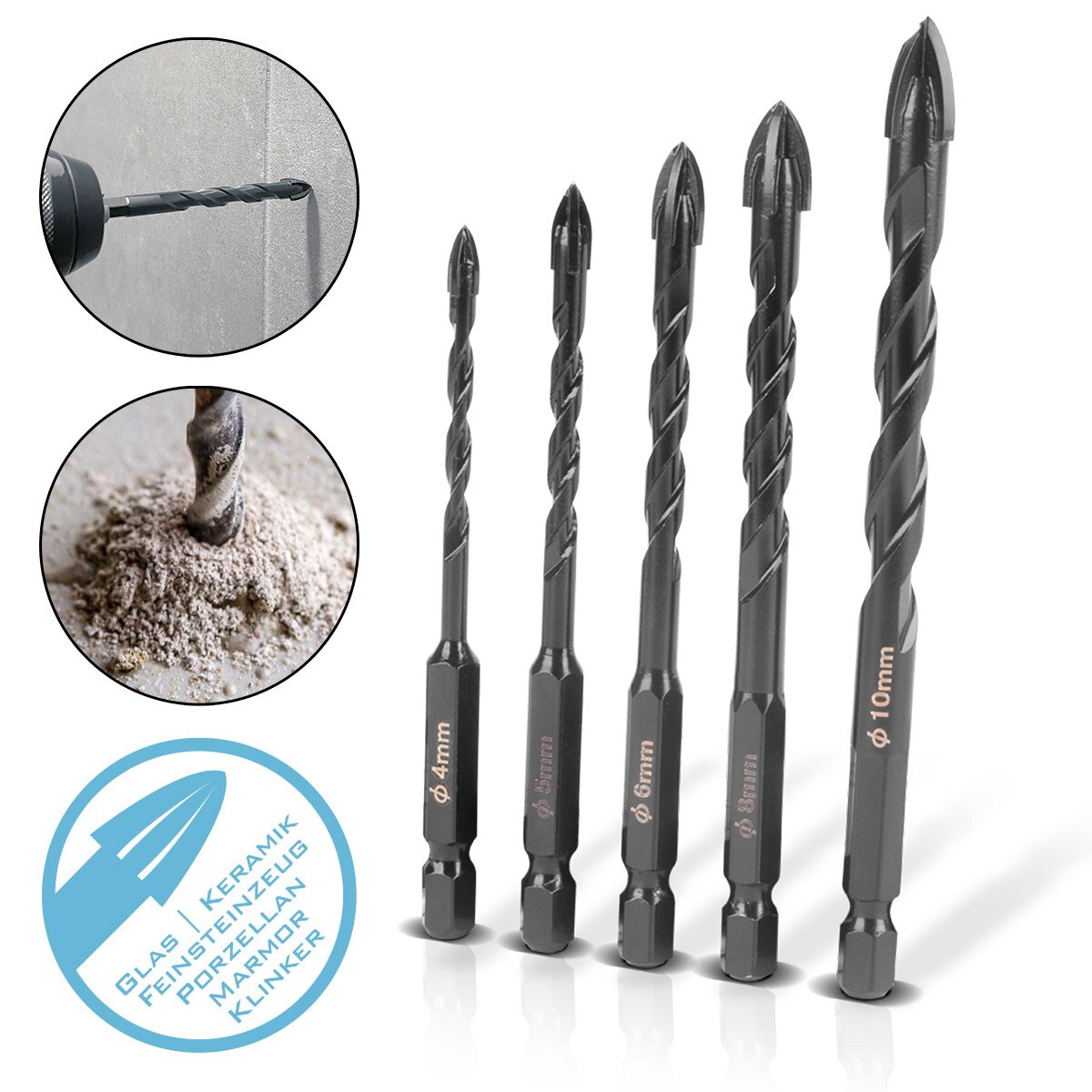Çelik işleri Cam Matkap | Fayans Matkap | Seramik Matkap 5 Set 4 | 5 | 6 | 8 | Cam, fayans, seramik, porselen, klinker, porselen taş eşya, mermer delikler için 1/4 inç kalça kaydı ile 10 mm