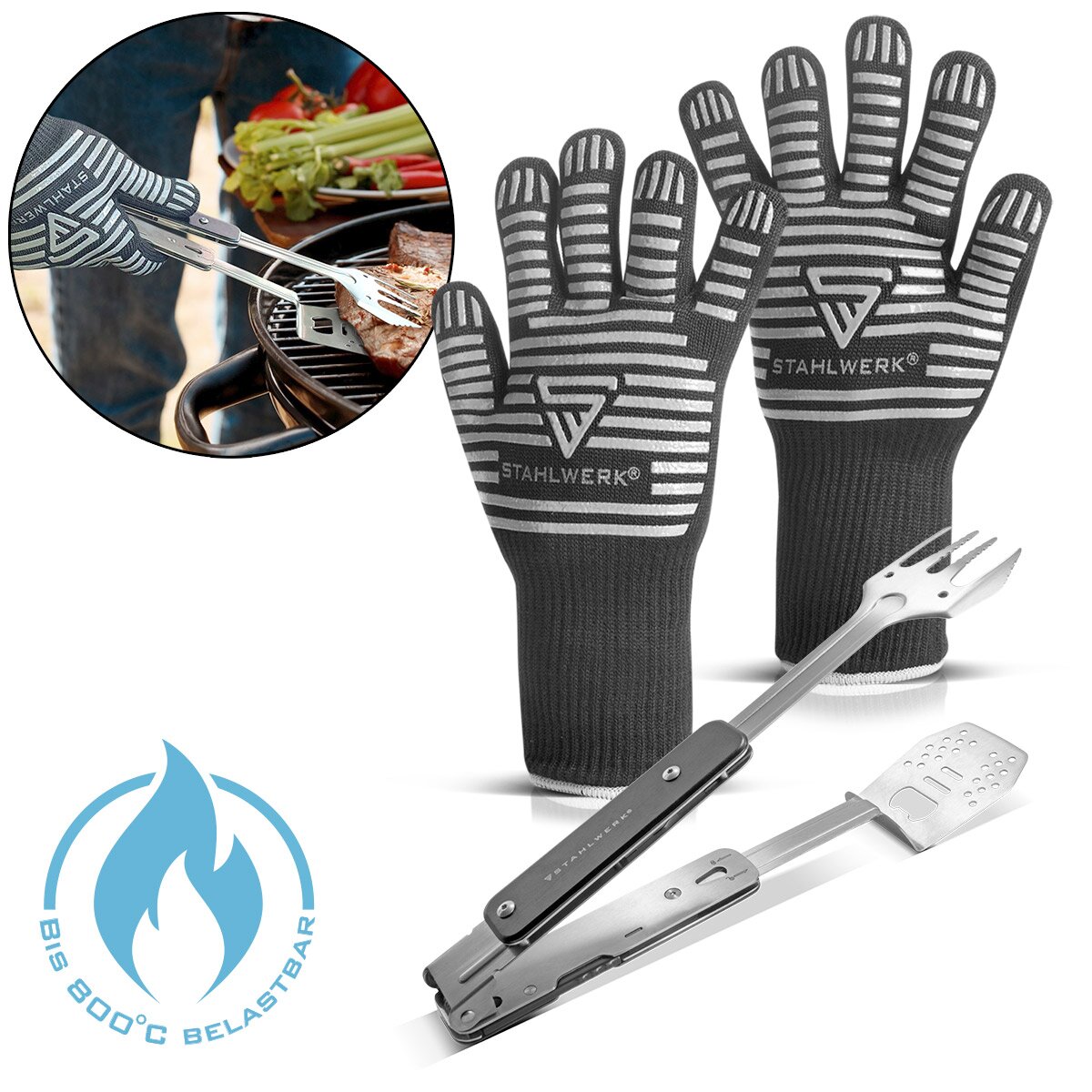 STAHLWERK Grill-Set mit 4-in-1 BBQ Multitool-Grillbesteck aus Grillzange, Grillgabel, Grillwender und Flaschenöffner im Set mit hitzebeständigen Grillhandschuhen