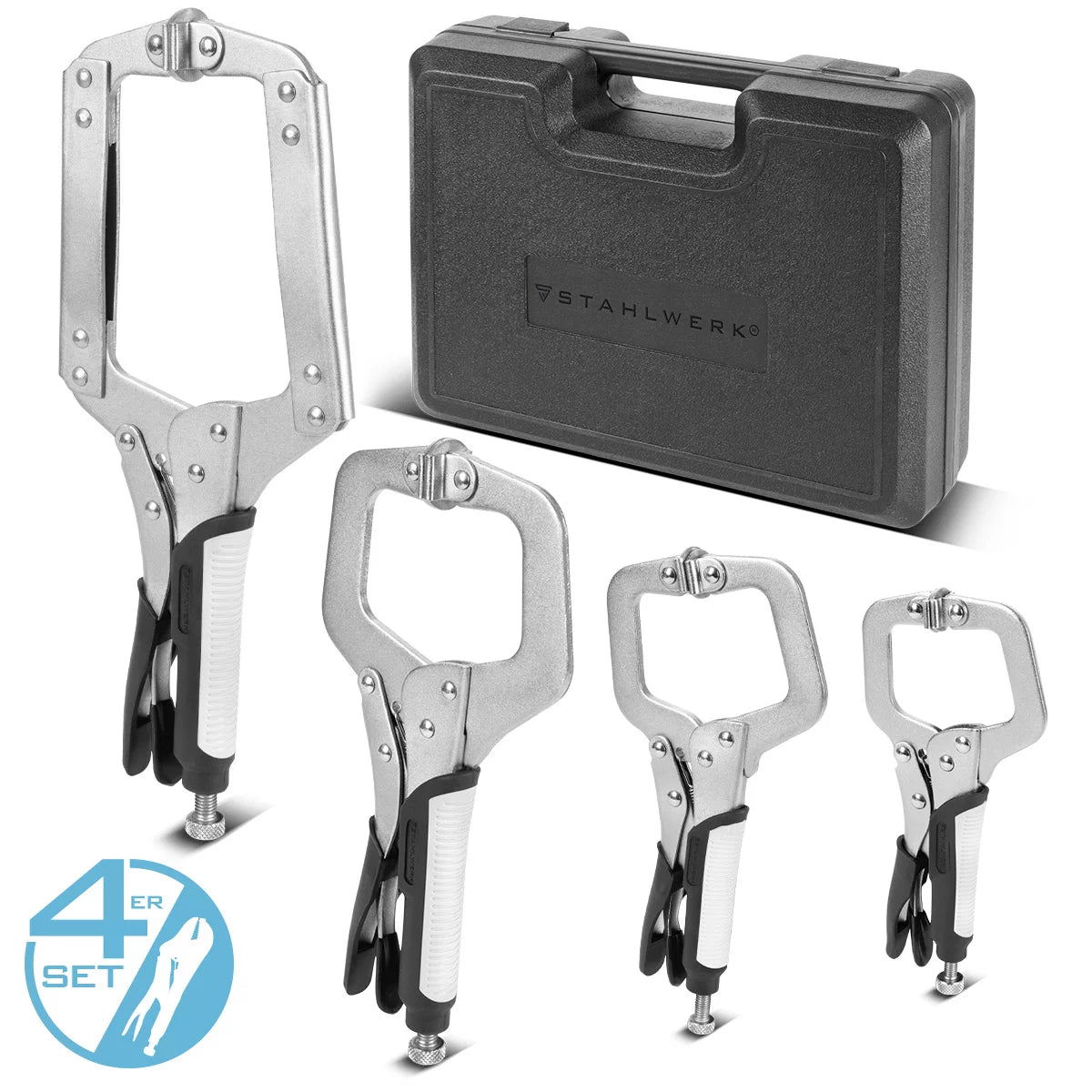 STAHLWERK Gripzangen Set 4-teilig | C-Form 6 bis 14 Zoll | Schnellspannzwingen | Klemmzwingen | Schweißer-Gripzangen aus hochlegiertem Stahl inklusive Transportkoffer