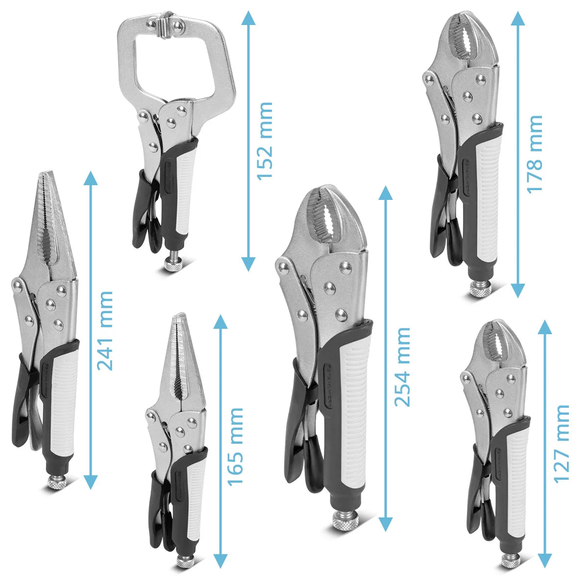 Steelworks kavrama-taş seti 6 parçalı sıkıştırma alanı ayarlanabilir | Langbeck kavrama pensesi 165/241mm | Kavisli yanakları olan Gripzangen 127/178/254 mm | C-Clamp 152 mm | Ergonomik TPR tutamakları | Rulo Çantası Dahil