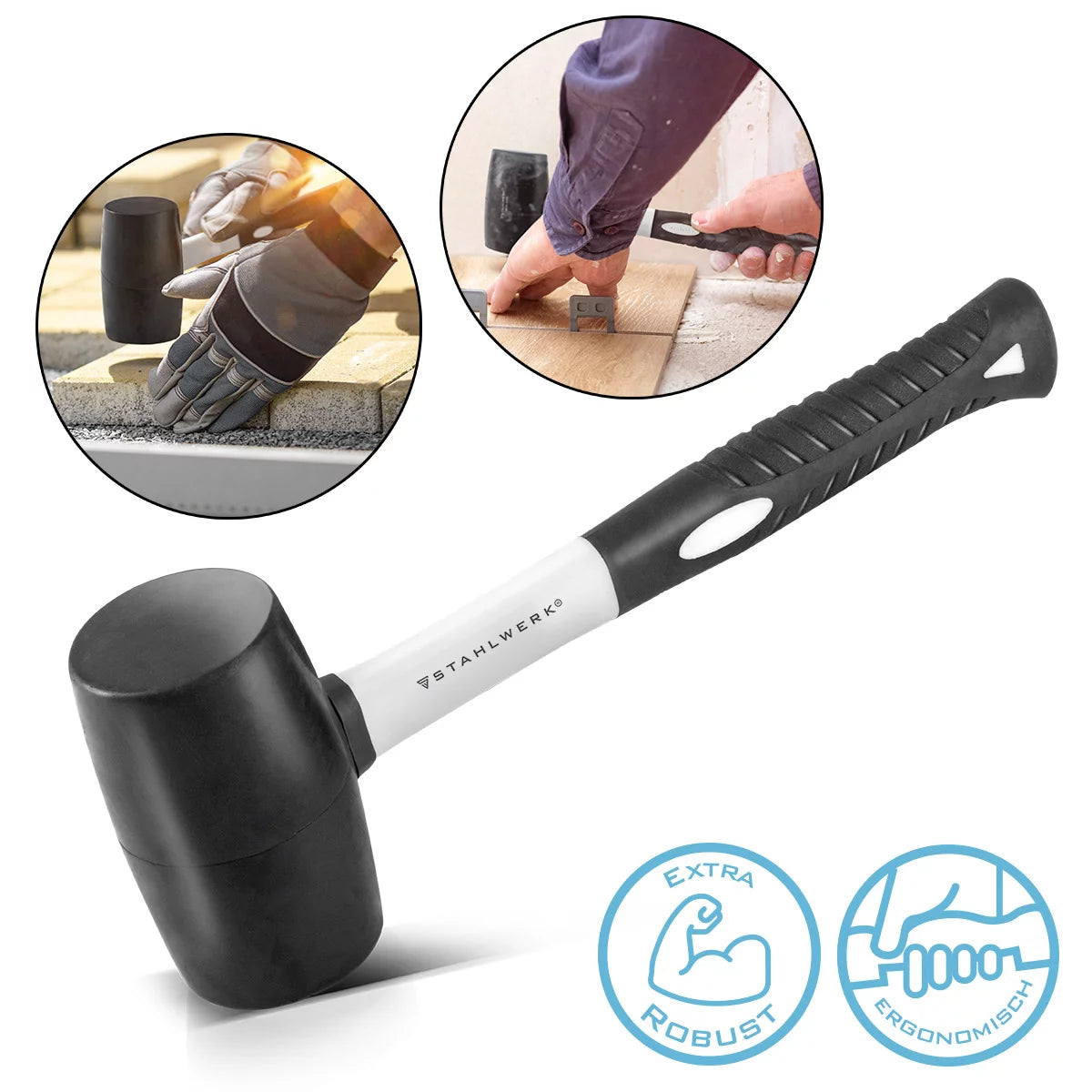 Martello in gomma in acciaio con 680 g di testa a martello in gomma completa | Martello a montaggio di alta qualità con manico in fibra di vetro non slip | Robusto schonhammer per il lavoro di assemblaggio e smontaggio