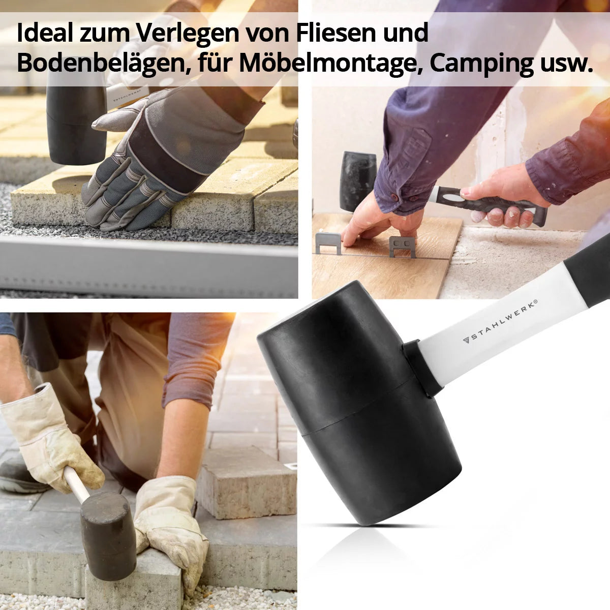 Martello in gomma in acciaio con 680 g di testa a martello in gomma completa | Martello a montaggio di alta qualità con manico in fibra di vetro non slip | Robusto schonhammer per il lavoro di assemblaggio e smontaggio