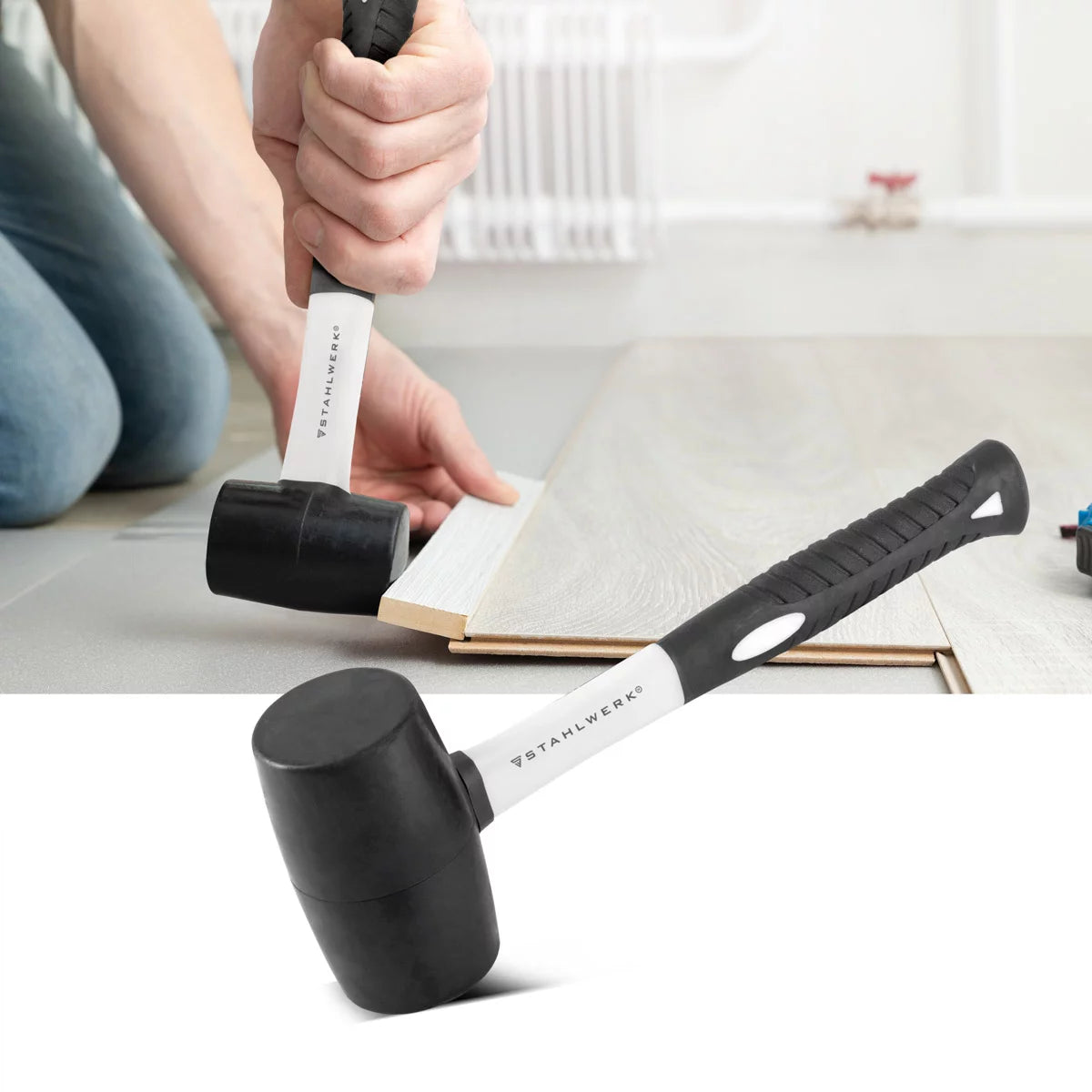 Steelwork rubber hammer with 680 g of full rubber hammer head | High quality assembly hammer with non-slip fiberglass handle | Robust Schonhammer for assembly and disassembly work